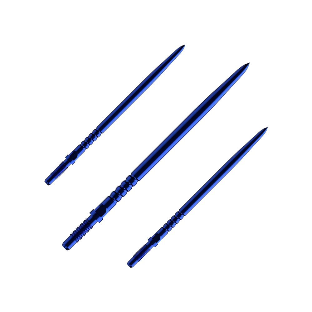 Das Bild zeigt das Produkt BU57715_BullsNL_Convertible_Points_RingedGrip_Blau_40mm_1Set. Es handelt sich um einen Satz blauer, geriffelter Dartspitzen.