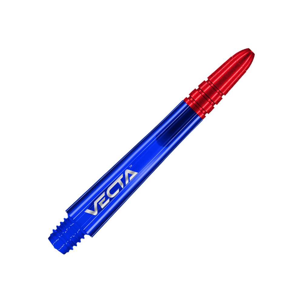 Das Bild zeigt einen Dart-Schaft in den Farben Blau und Rot. Auf dem blauen Teil steht das Wort "VECTA".