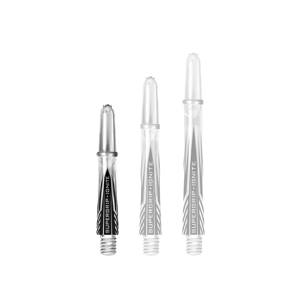 HR392_Harrows_Supergrip_Ignite_Shafts_Clear_33mm_1 Das Bild zeigt drei klare Harrows Supergrip Ignite Shafts in unterschiedlichen Längen. Die Shafts haben ein transparentes Design mit schwarzen Akzenten und der Aufschrift "SUPERGRIP IGNiTE".