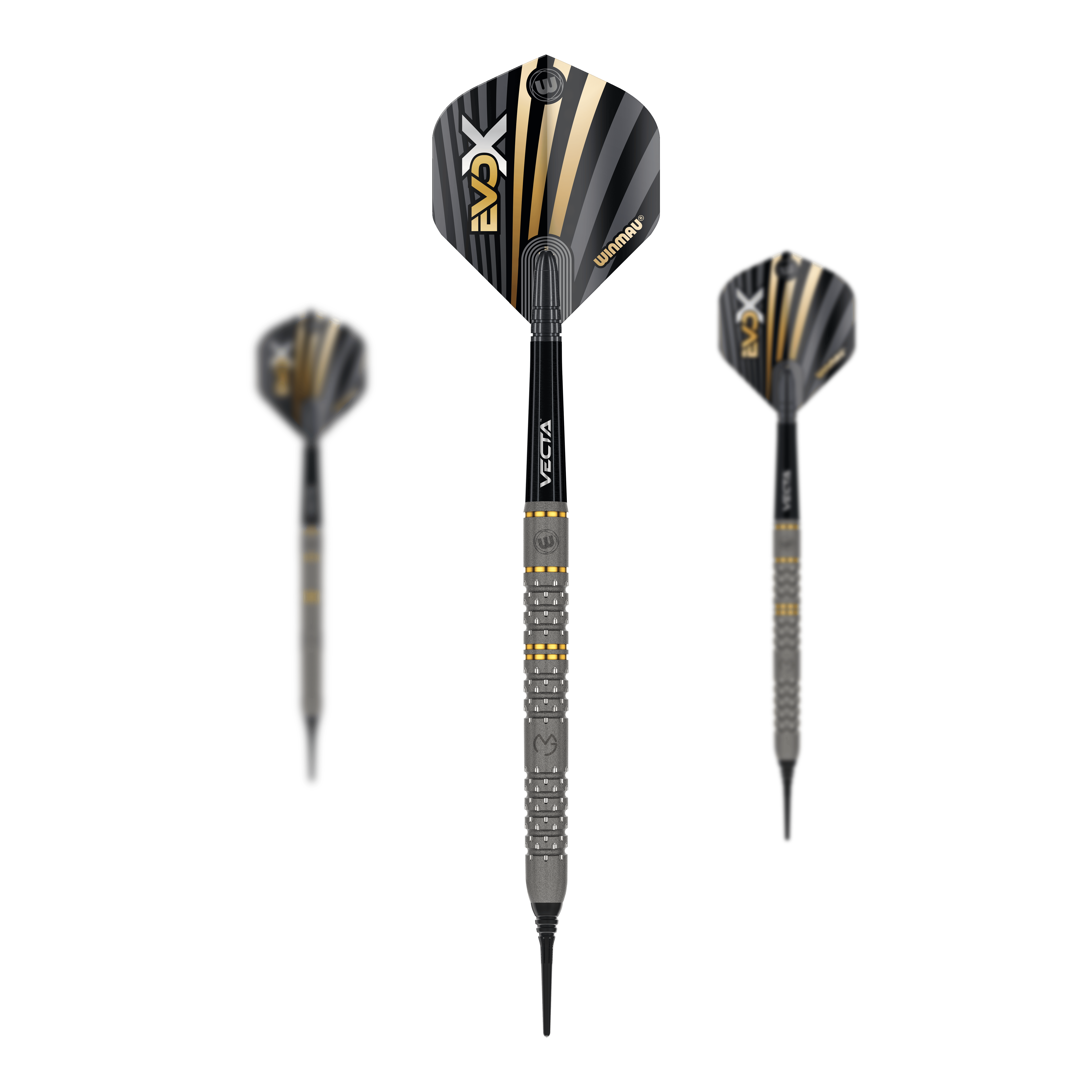 Das Bild zeigt drei Winmau Michael Van Gerwen Evo-X Softdarts mit einem Gewicht von 20g. Die Darts haben ein modernes Design mit schwarzen, goldenen und silbernen Akzenten.