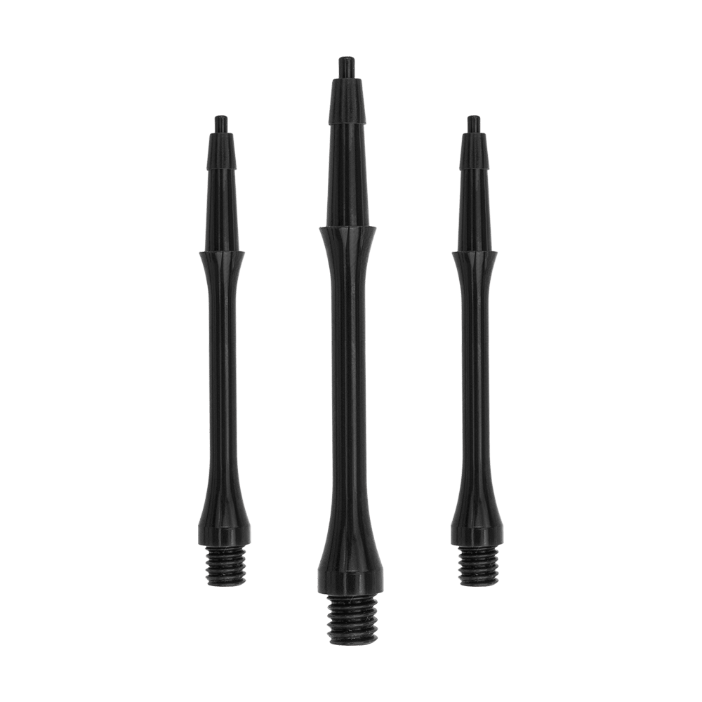 HRC-12596_Harrows_Clic_Slim_Shafts_Black_30mm_1bNnKe1dy1m9Zw Das Bild zeigt drei schwarze Harrows Clic Slim Shafts. Sie sind schlanke, leichte Schäfte für Dartpfeile.