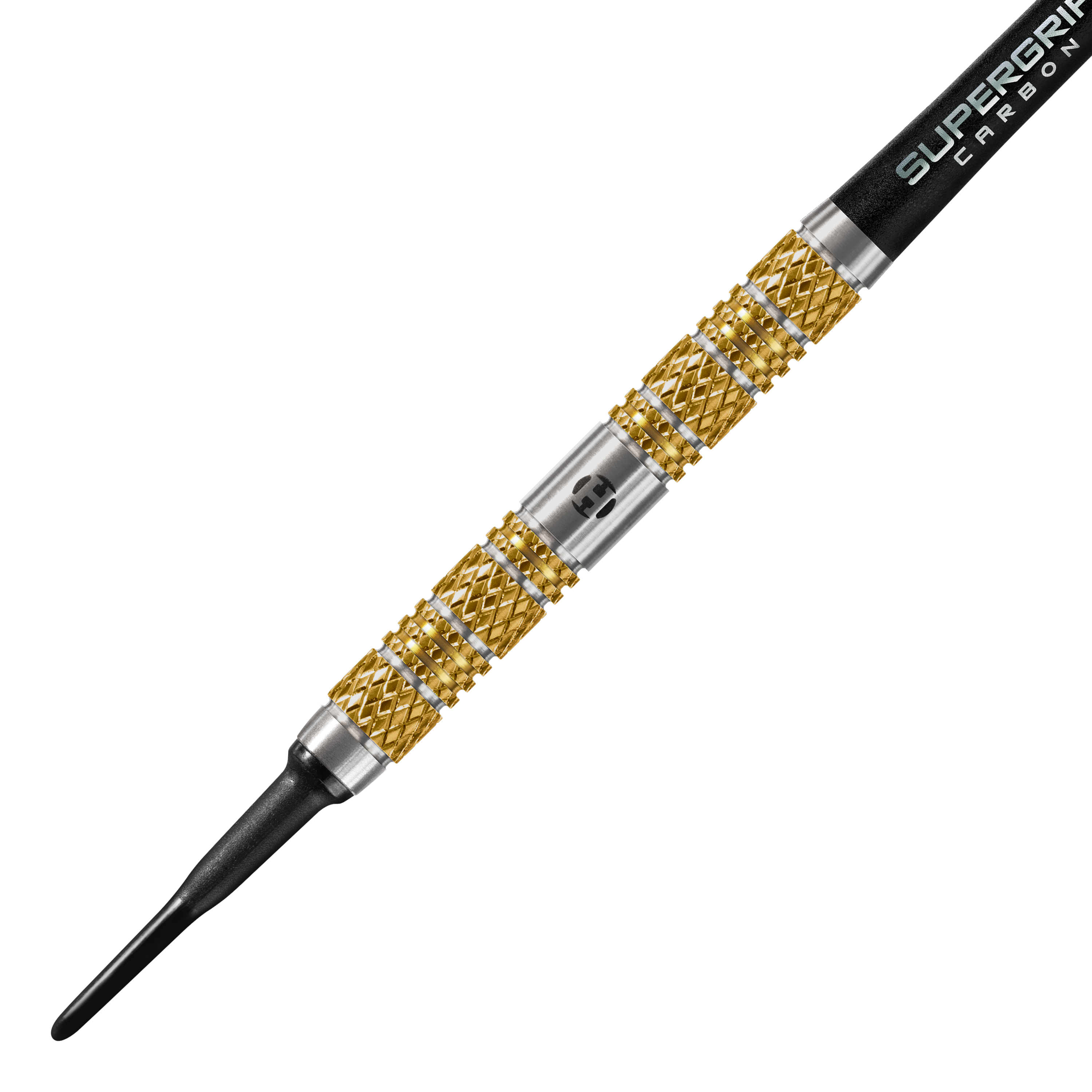 Harrows Anniversary Edition Atlantis Softdarts - 18g Das Bild zeigt einen Harrows Anniversary Edition Atlantis Softdart mit einem Gewicht von 18g. Der Dart hat ein auffälliges gold-silbernes Design und eine schwarze Spitze.