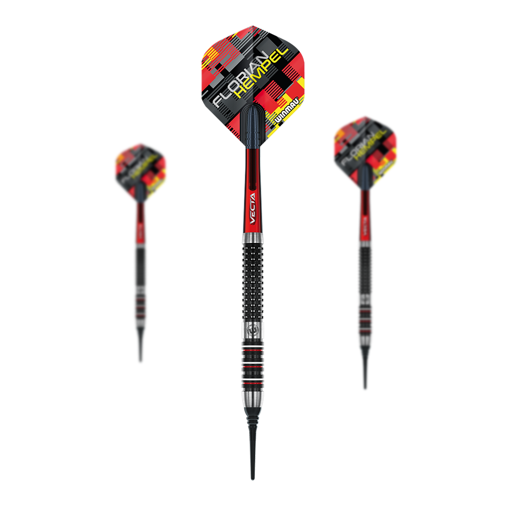 Winmau Florian Hempel Softdarts - 21g Das Bild zeigt drei Winmau Florian Hempel Softdarts mit einem Gewicht von 21g. Die Darts haben rote, schwarze und silberne Details sowie ein auffälliges Flights-Design.