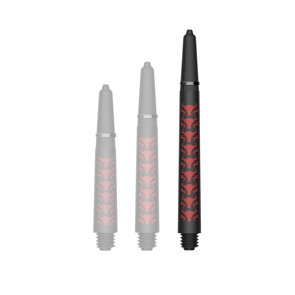 Das Bild zeigt einen roten Medium Carbon Shaft für Darts. Der Schaft ist etwa 46 mm lang und aus Kohlefaser gefertigt.