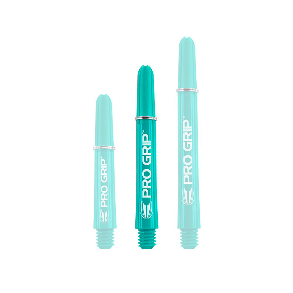 Auf dem Bild sind drei türkisfarbene Pro Grip Shafts in unterschiedlichen Längen zu sehen. Alle drei Shafts haben die Aufschrift "PRO GRIP" in weißer Farbe.