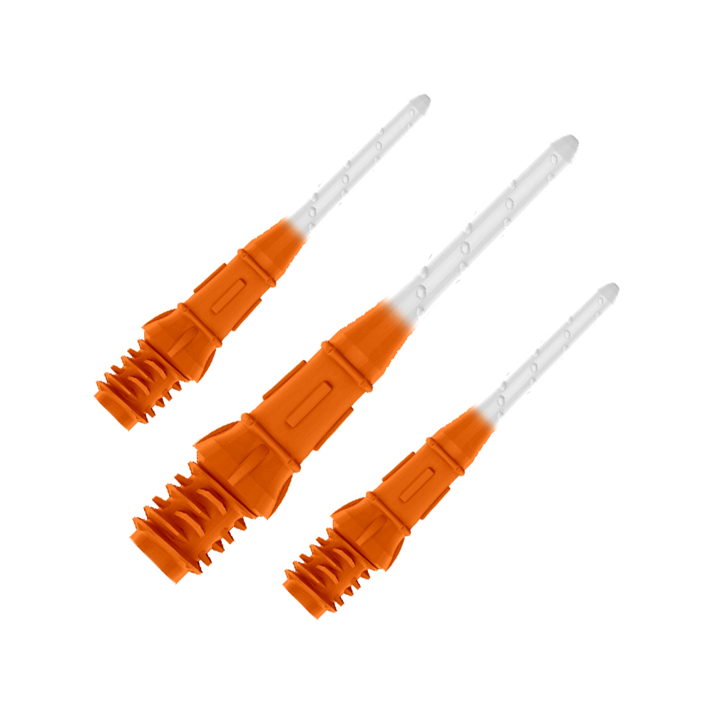 L-Style Premium Two Tone Lippoints (30er Pack)-Orange/Weiß Das Bild zeigt drei orange-weiße Dartspitzen in einer Reihe. Die Spitzen sind zum Teil orange und werden nach vorne hin durchsichtig.
