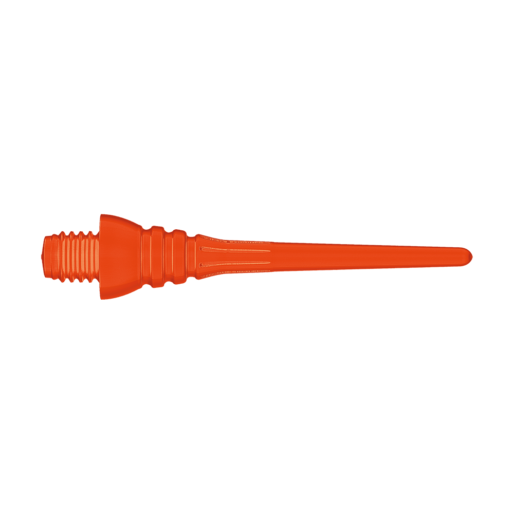 Winmau Triton Softtip Points Softdartspitzen (50-er Pack) Das Bild zeigt eine orangefarbene Softdartspitze mit Gewinde. Sie ist für den Einsatz bei elektronischen Dartscheiben geeignet.