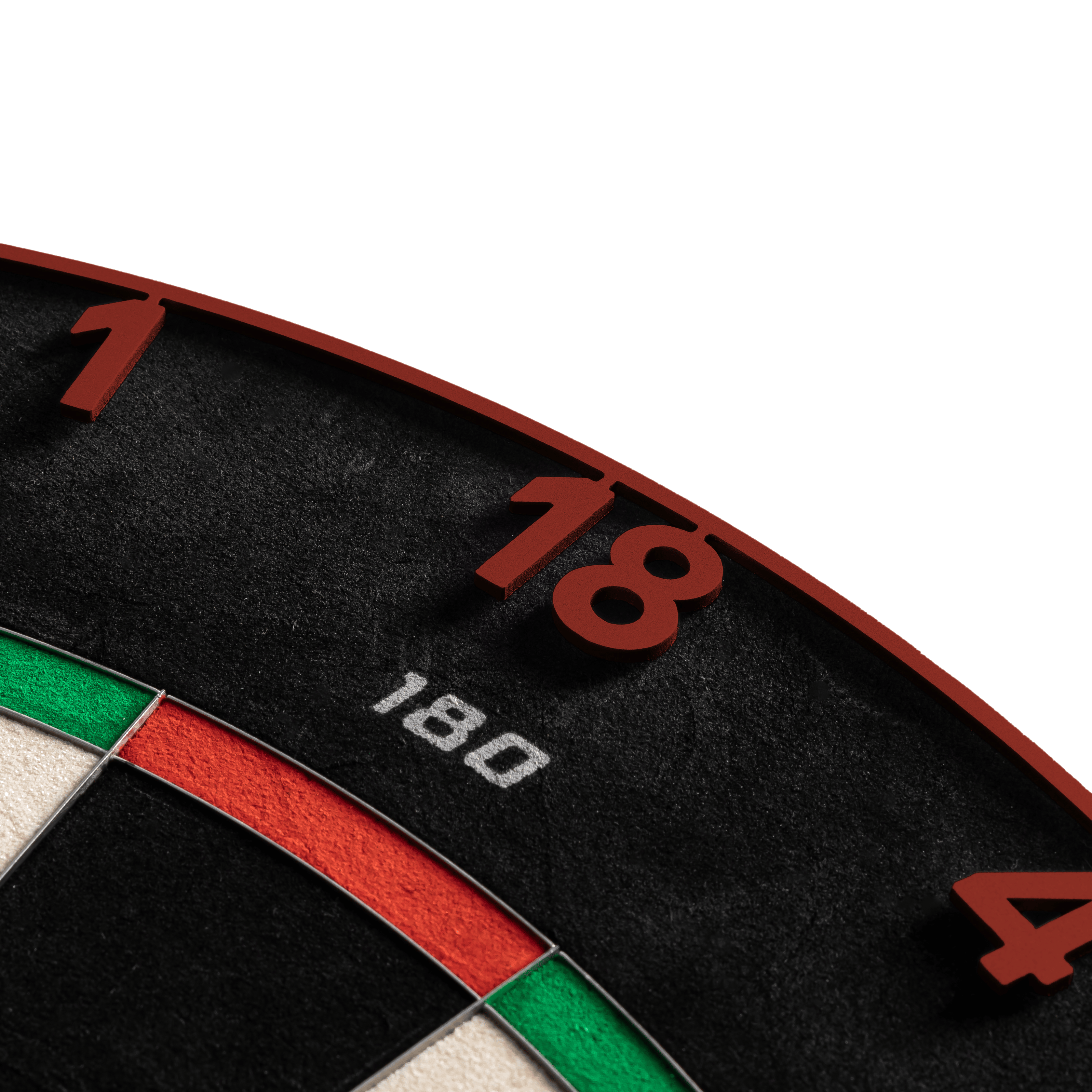 Gezeigt wird das Precise 180 Endorphine Steeldartboard mit Nummernring in Faded Red. Das Bild beschreibt das Produkt für den Dartbereich.