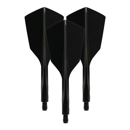 Condor Axe 120 Flight-System Black - Narrow Das Bild zeigt drei schwarze, schmale Dartflights des Modells "Condor Axe 120 Flight-System". Sie sind nebeneinander mit der Spitze nach unten ausgerichtet.