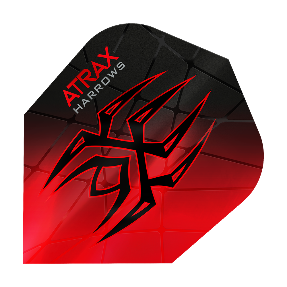 Harrows Atrax Prime No6 Flights Das Bild zeigt das Produkt "Harrows Atrax Prime No6 Flights" in rot und schwarz. Ein auffälliges Tribal-Muster und die Markenaufschrift sind auf der Dart-Flugfläche zu sehen.
