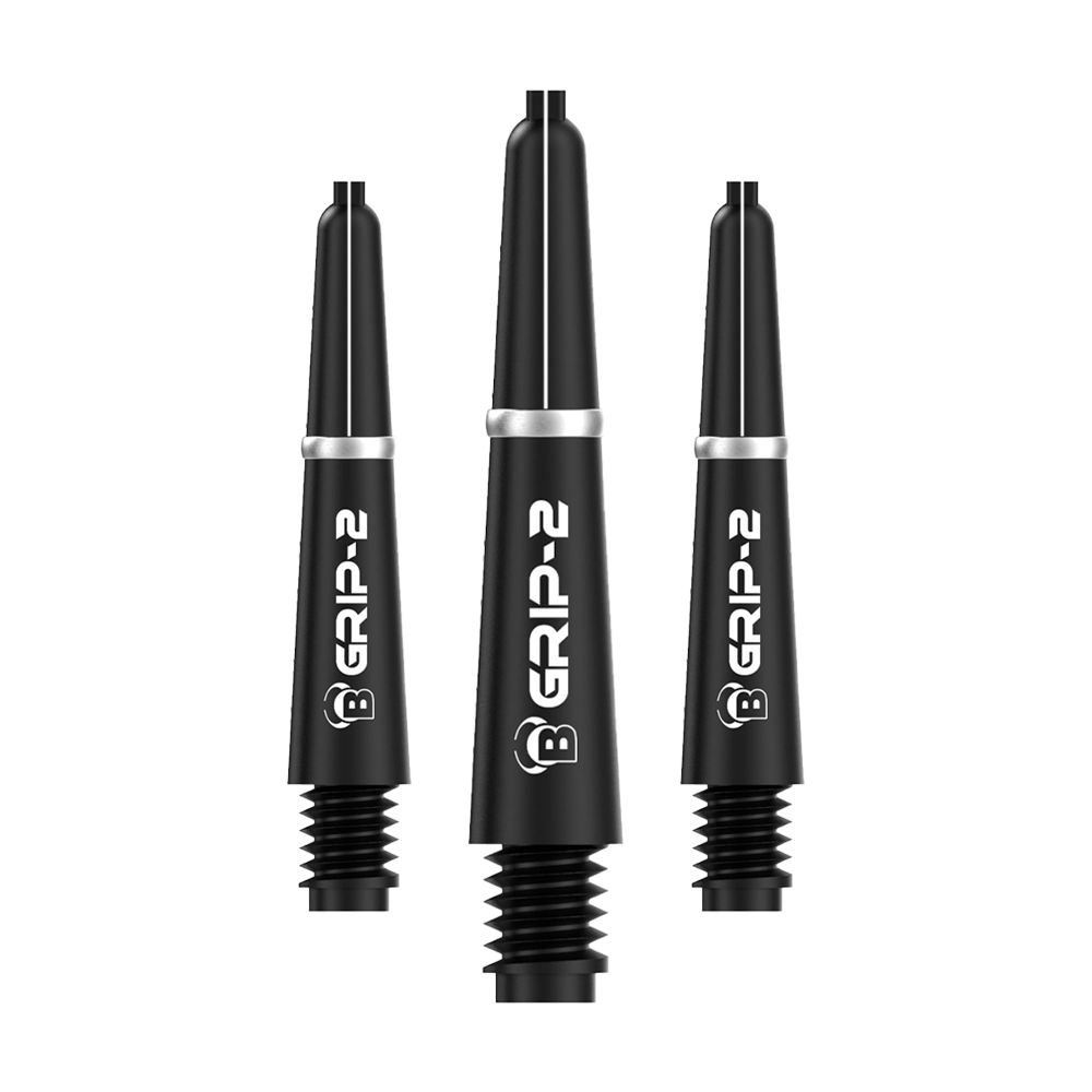 Das Bild zeigt drei schwarze Bulls B-Grip-2 SL Shafts für Dartpfeile. Sie sind schlank designt und haben weiße Schriftzüge auf der Vorderseite.