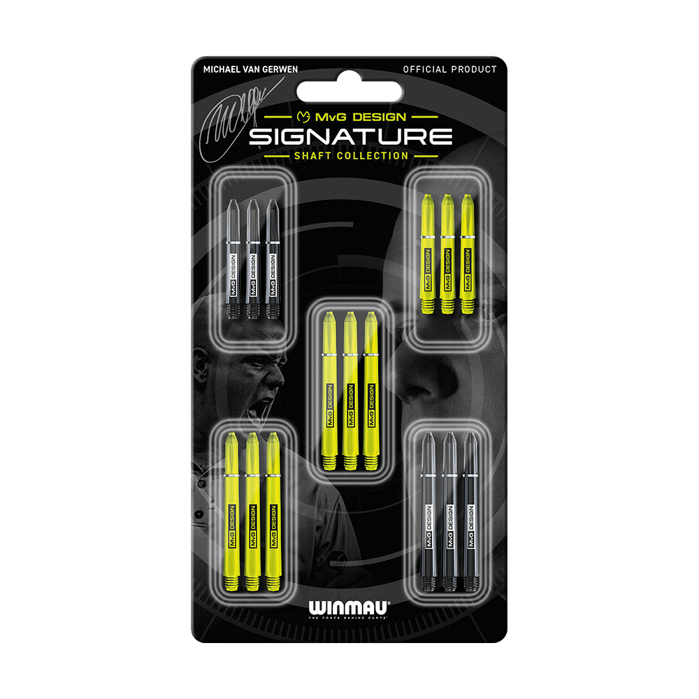 8125_Winmau_MvG_Signature_Shaft_Collection_1 Das Bild zeigt das Produkt "Winmau MvG Signature Shaft Collection". In der Verpackung sind mehrere gelbe und schwarze Dartschäfte angeordnet.