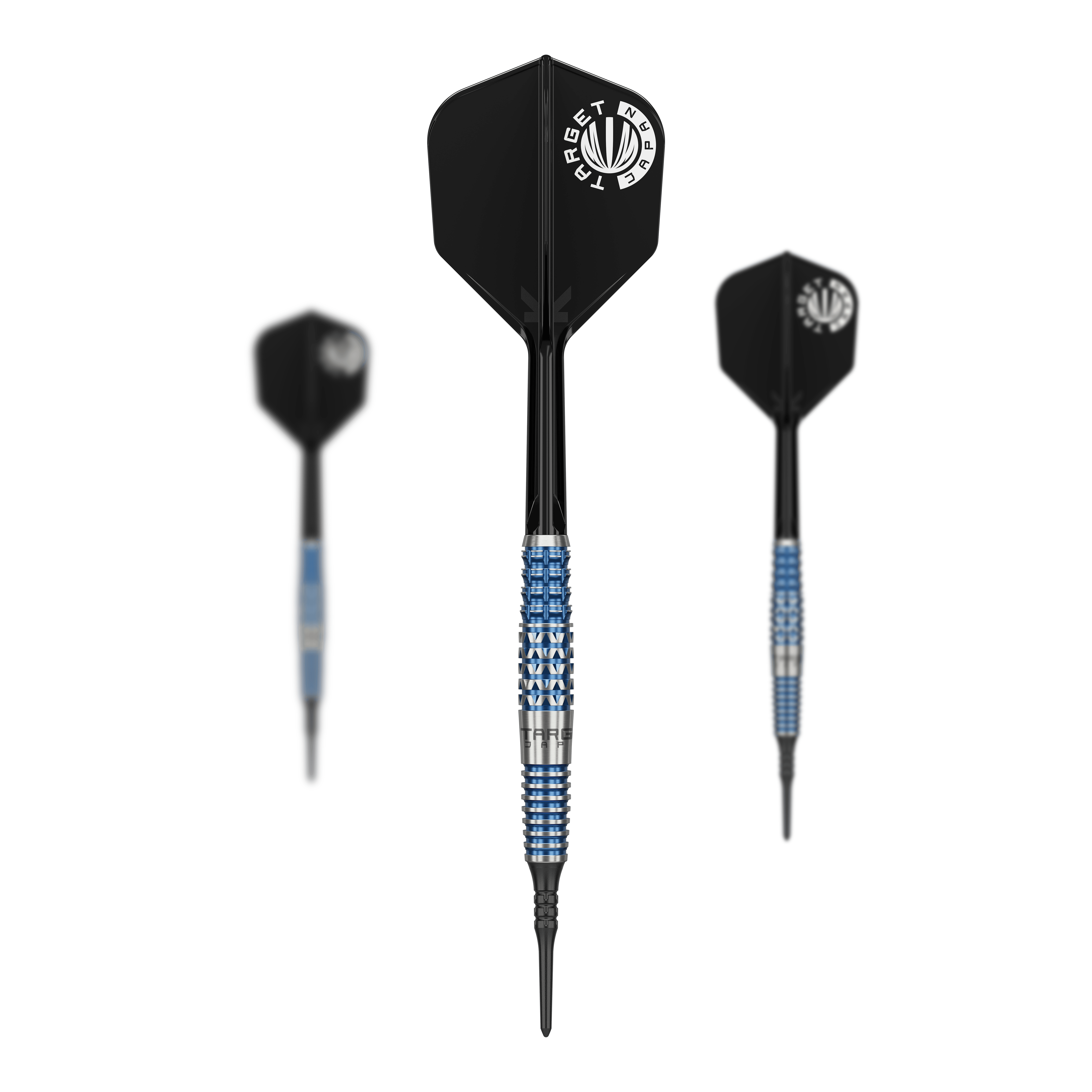 Das Bild zeigt drei Softdarts des Modells "Target Japan Toru Suzuki Sereno GEN2 Softdarts - 20g". Die Darts haben schwarze Flights und ein blau-silbernes Griffstück.