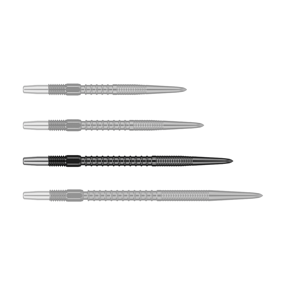 Auf dem Bild sind vier schwarze Dartspitzen nebeneinander zu sehen. Sie haben ein geriffeltes Design und sehen identisch aus.