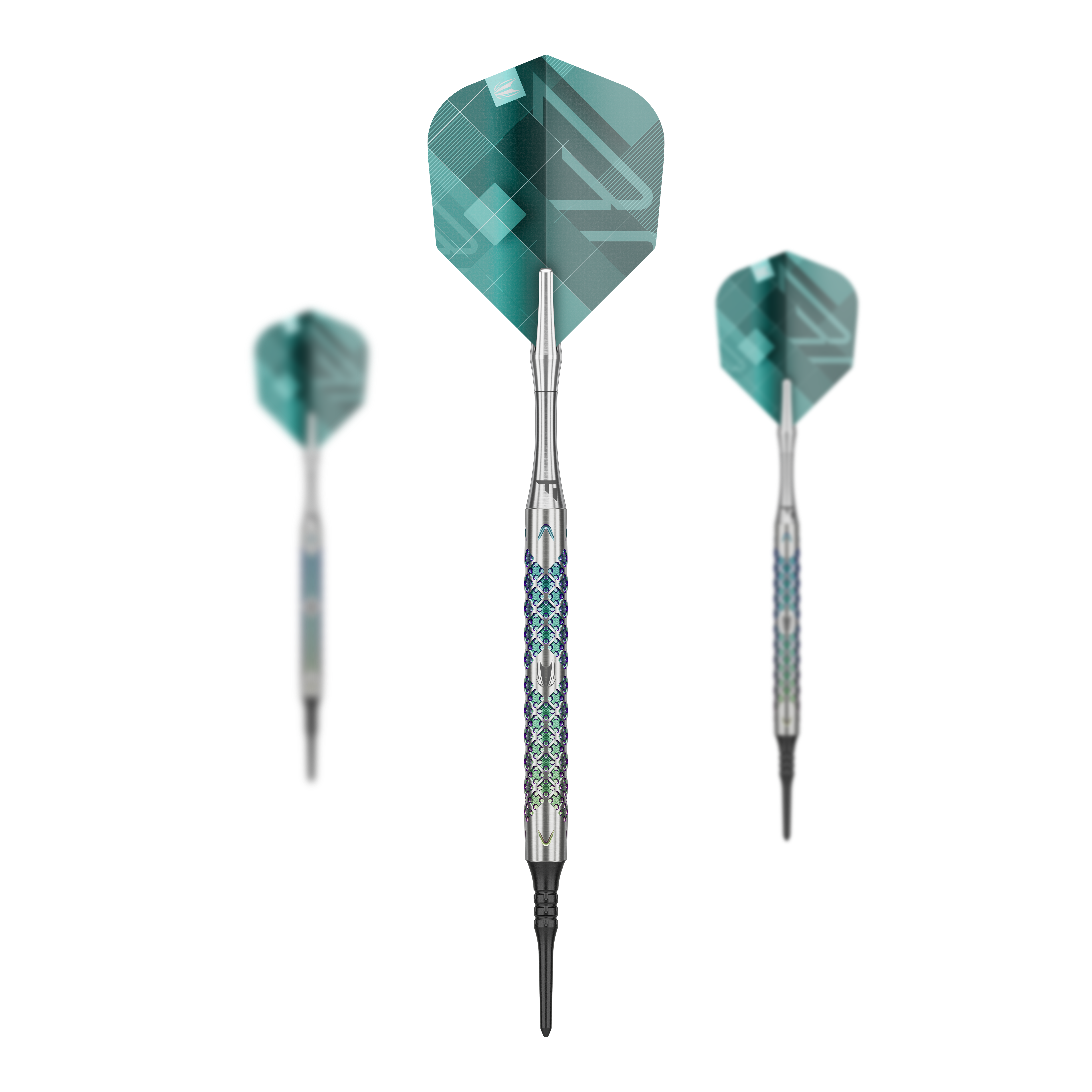 Target Rove 10 Softdarts Das Bild zeigt drei Softdarts des Modells "Target Rove 10" mit silbernen Schäften und grünen Flights. Die Darts sind elegant gestaltet und stehen vor einem schwarzen Hintergrund.