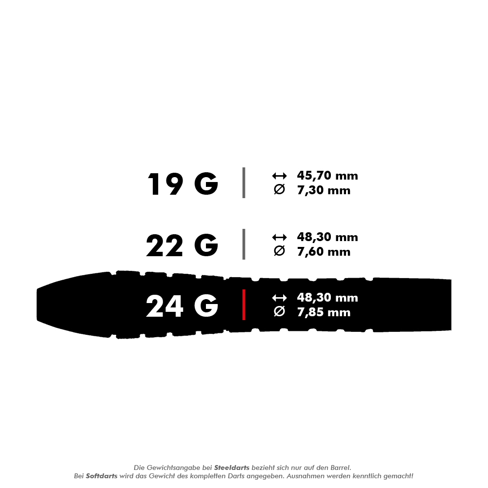 Das Bild zeigt unterschiedliche Gewichte und Maße von Steeldarts. Die 24-Gramm-Variante ist 48,30 mm lang und hat einen Durchmesser von 7,85 mm.