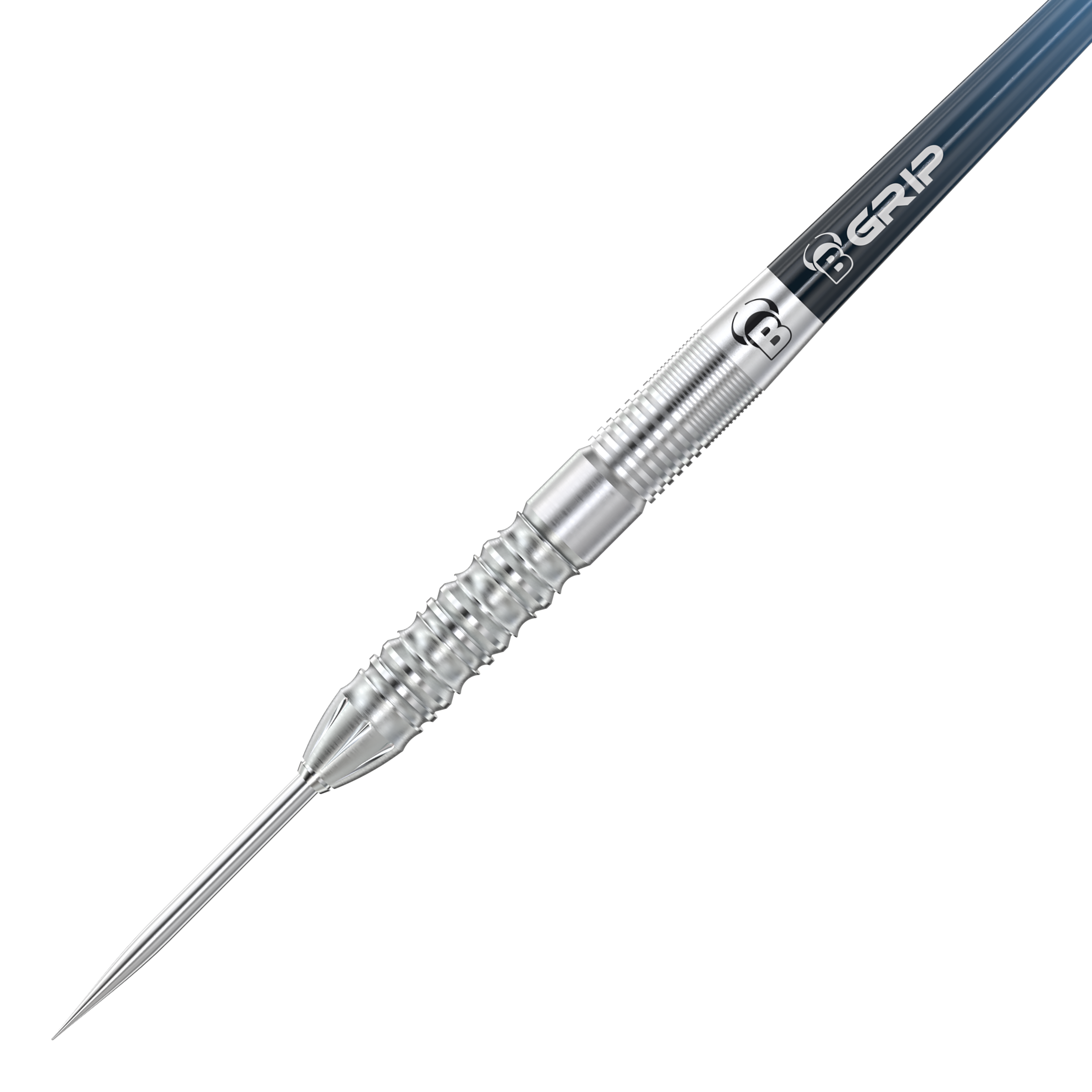 Bulls Stone S2 Steeldarts Das Bild zeigt einen Bulls Stone S2 Steeldart. Der Dart besteht aus silbernem Metall mit einer geriffelten Griffzone für besseren Halt.