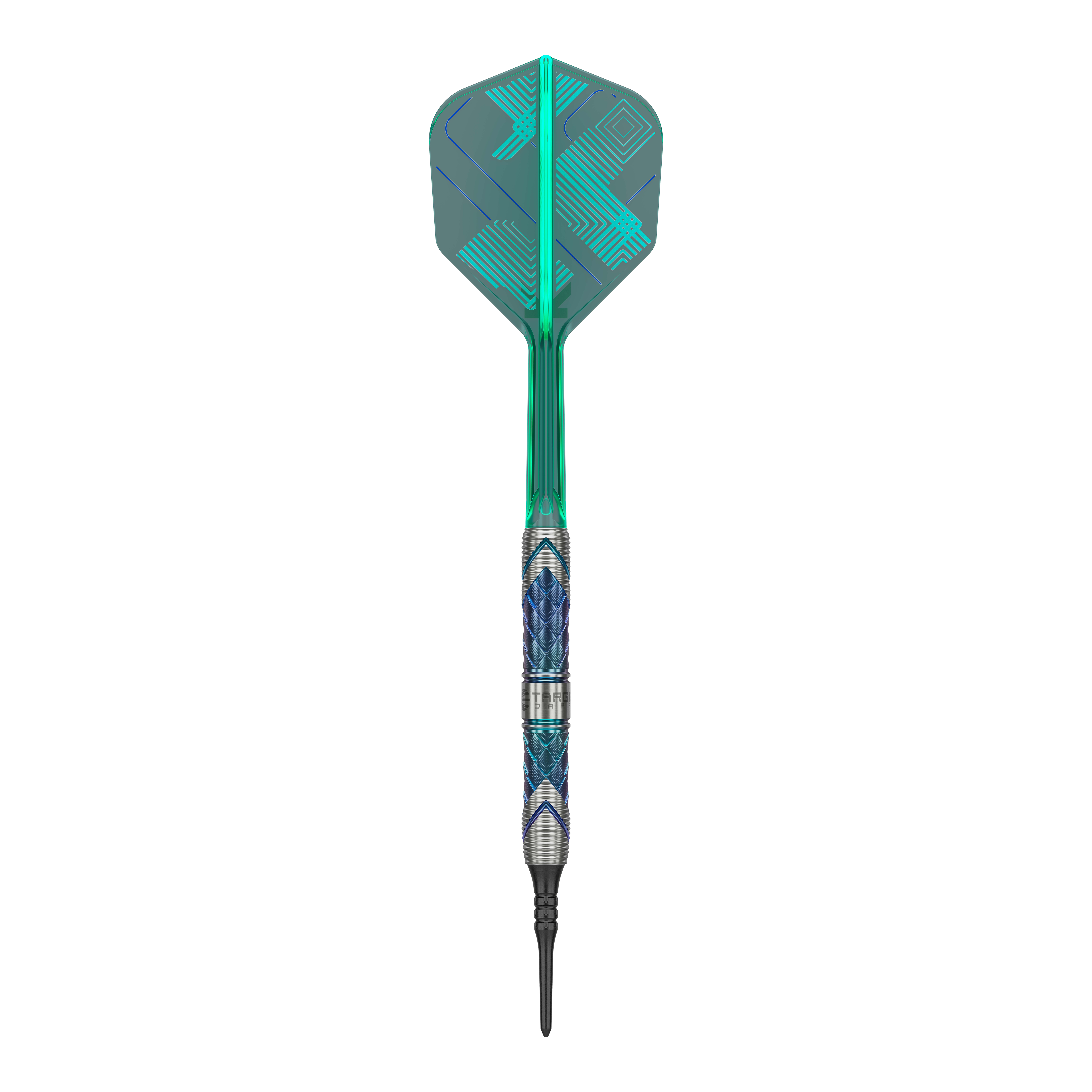 Das Bild zeigt einen Target Japan Kaze Series Ceros 03 Softdart mit einem Gewicht von 19 Gramm. Der Dart hat ein auffälliges Design mit blauen und silbernen Mustern sowie einer grünen Flight.