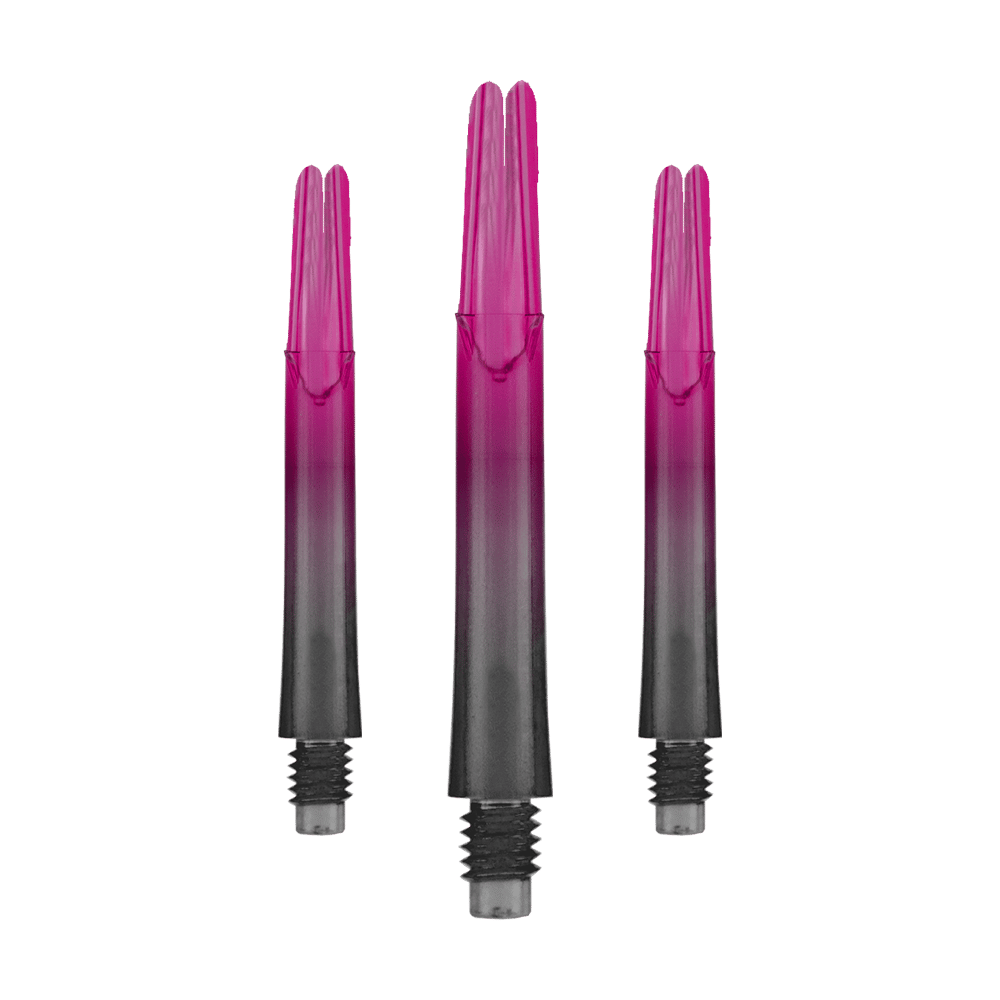 Das Bild zeigt drei pink-schwarze Dartschäfte in gerader Form. Sie stehen aufrecht nebeneinander und haben Gewinde am unteren Ende.