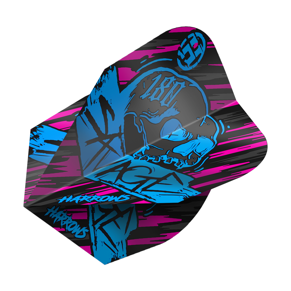 Harrows Savage Aqua Pink No6 Flights Das Bild zeigt das Produkt "Harrows Savage Aqua Pink No6 Flights". Das Design ist auffällig mit schwarzen, pinken und blauen Farben sowie einem Totenkopf-Motiv.