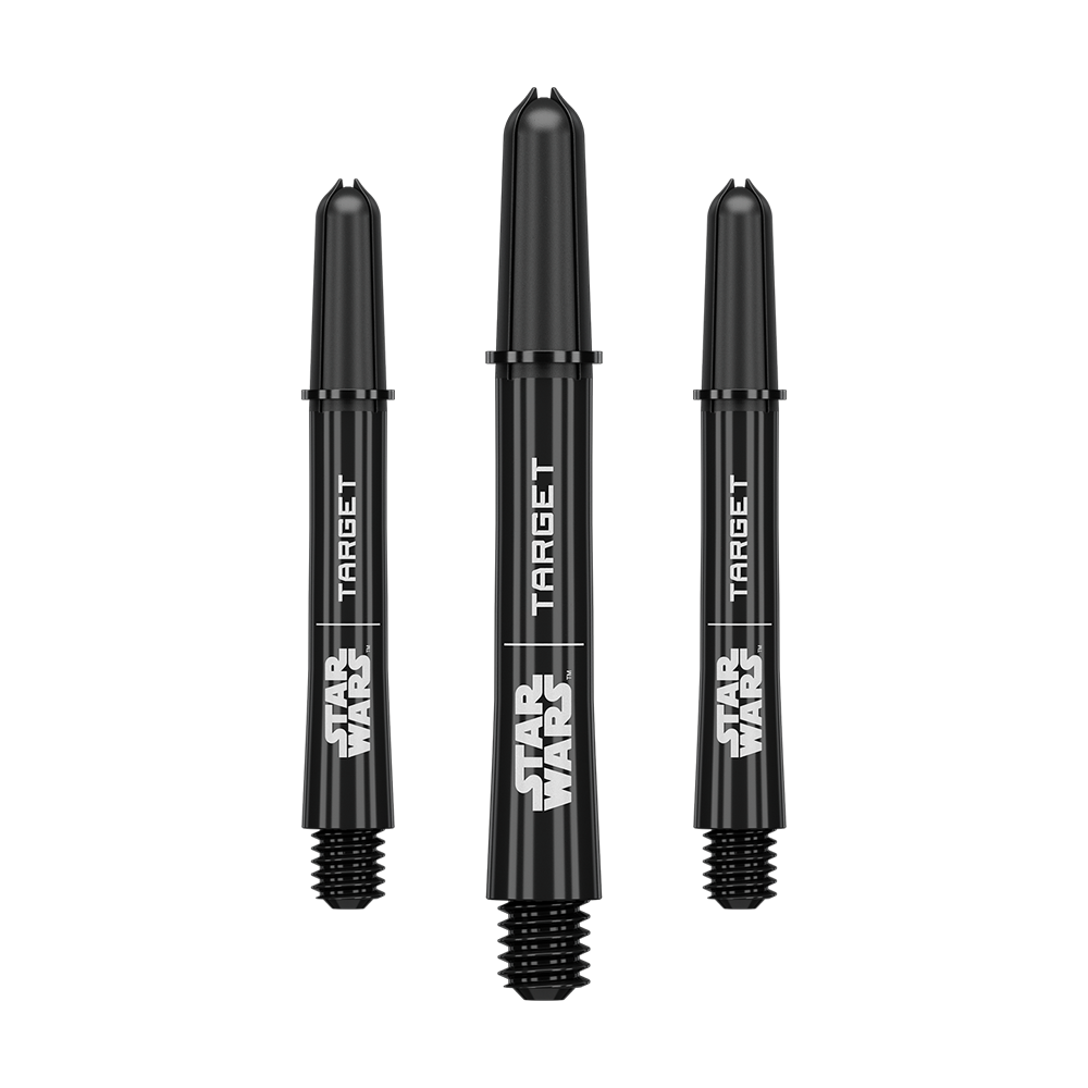Target Star Wars ProGrip Shafts - Schwarz Hier ist das Produkt mit dem Dateinamen 380421_Target_StarWars_ProGrip_Shafts_Schwarz_Intermediate_41mm_1Set zu sehen. Es handelt sich vermutlich um schwarze Dartshafts mit mittlerer Länge und Star Wars ProGrip Design.