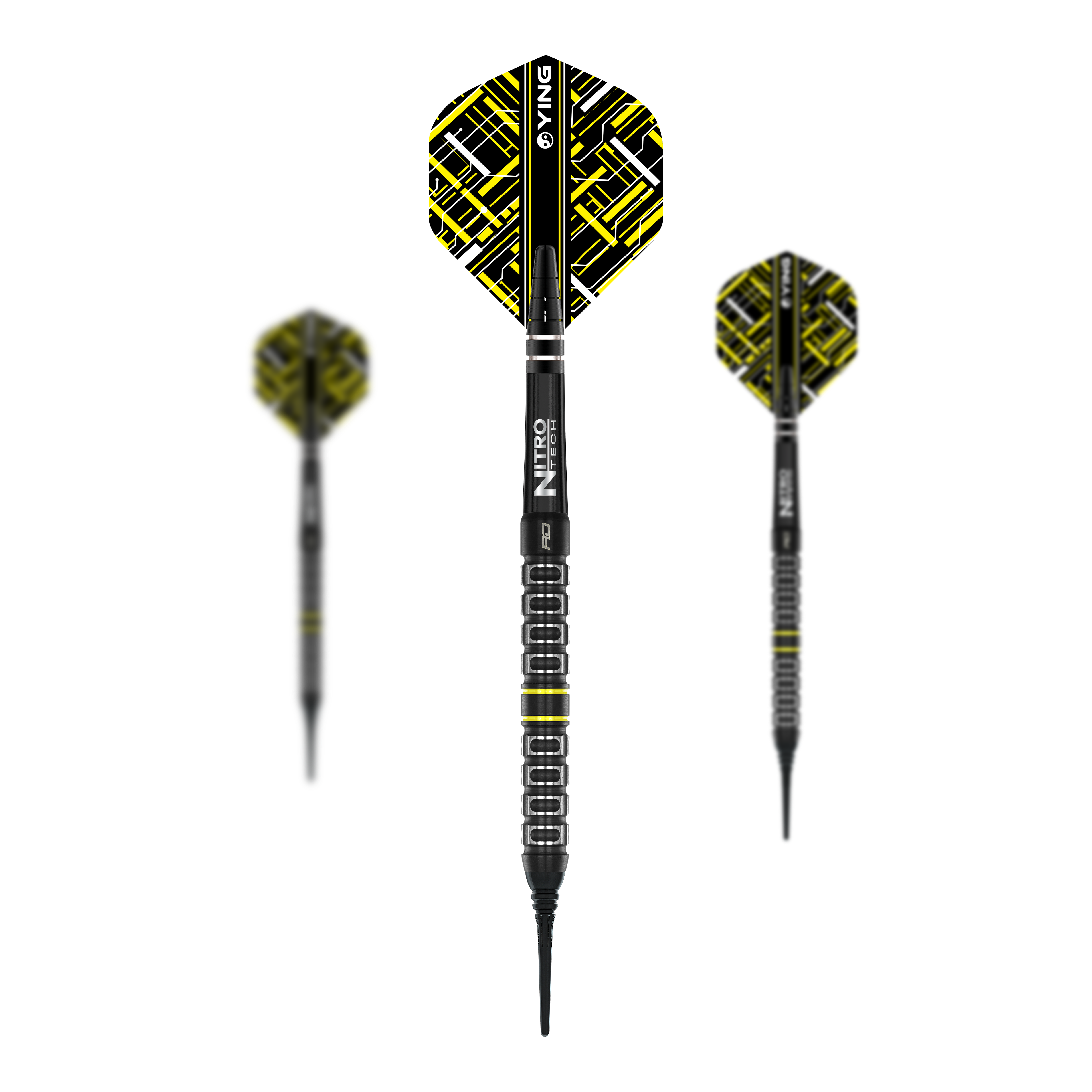 Red Dragon Astraeus Q4X Parallel Softdarts - 20g Das Bild zeigt drei Softdarts des Modells "Red Dragon Astraeus Q4X Parallel" mit einem Gewicht von 20g. Die Darts haben ein auffälliges schwarz-gelbes Design mit geometrischem Muster auf den Flights.