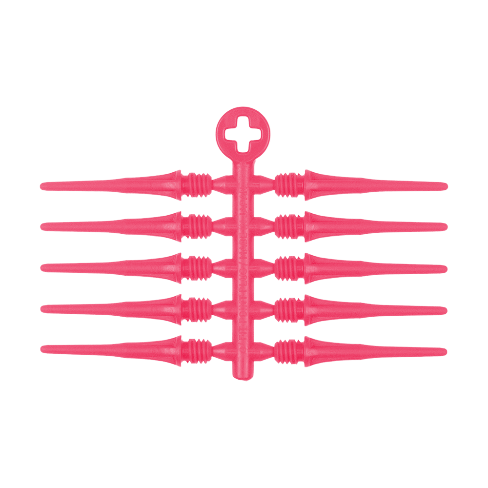 X9056_Cosmo_Fit_Point_Plus_2BA_Spitzen_Pink_2 Das Bild zeigt einige pinke Dartspitzen, die an einem Kunststoffträger befestigt sind. Es handelt sich um das Produkt "Cosmo Fit Point Plus 2BA Spitzen 25mm (50er Pack)".