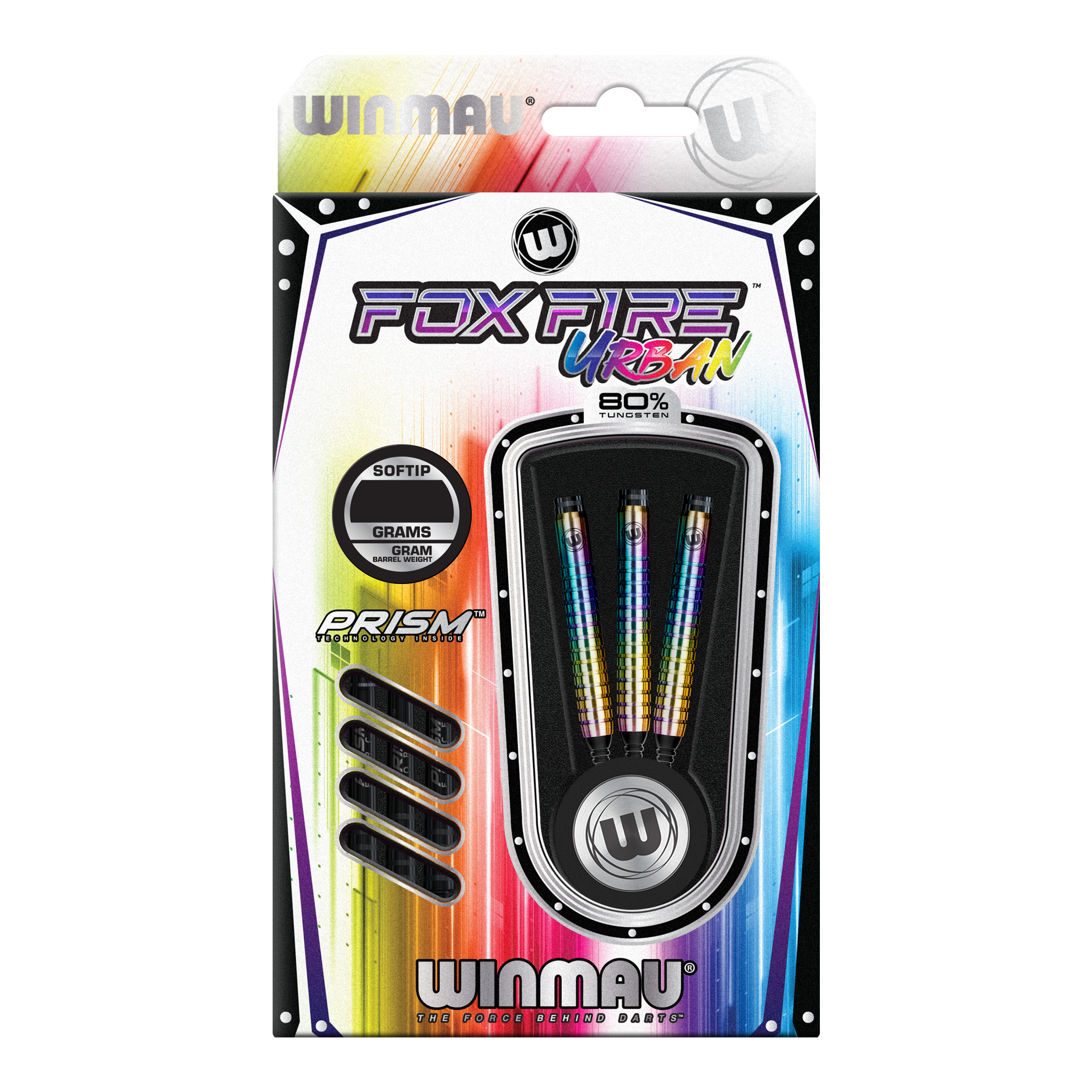 Winmau Foxfire Urban Softdarts - 20g Das Bild zeigt die Winmau Foxfire Urban Softdarts mit einem Gewicht von 20 Gramm. Die Verpackung ist bunt gestaltet und enthält drei Darts mit Regenbogen-Design.