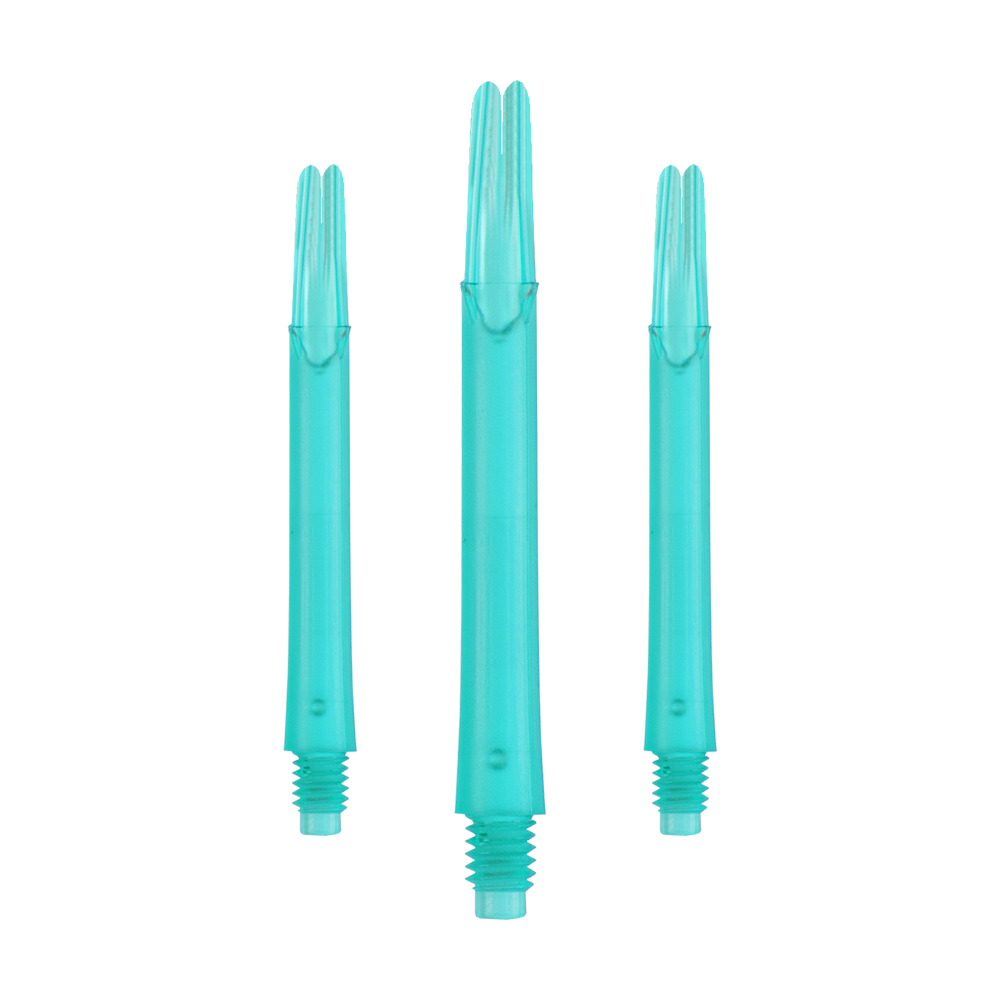 L-Style L-Shafts Locked Straight - Emerald 330 Das Bild zeigt drei gerade, türkisfarbene Dartschäfte aus Kunststoff. Sie sind ohne Kappen und haben am unteren Ende ein Gewinde.