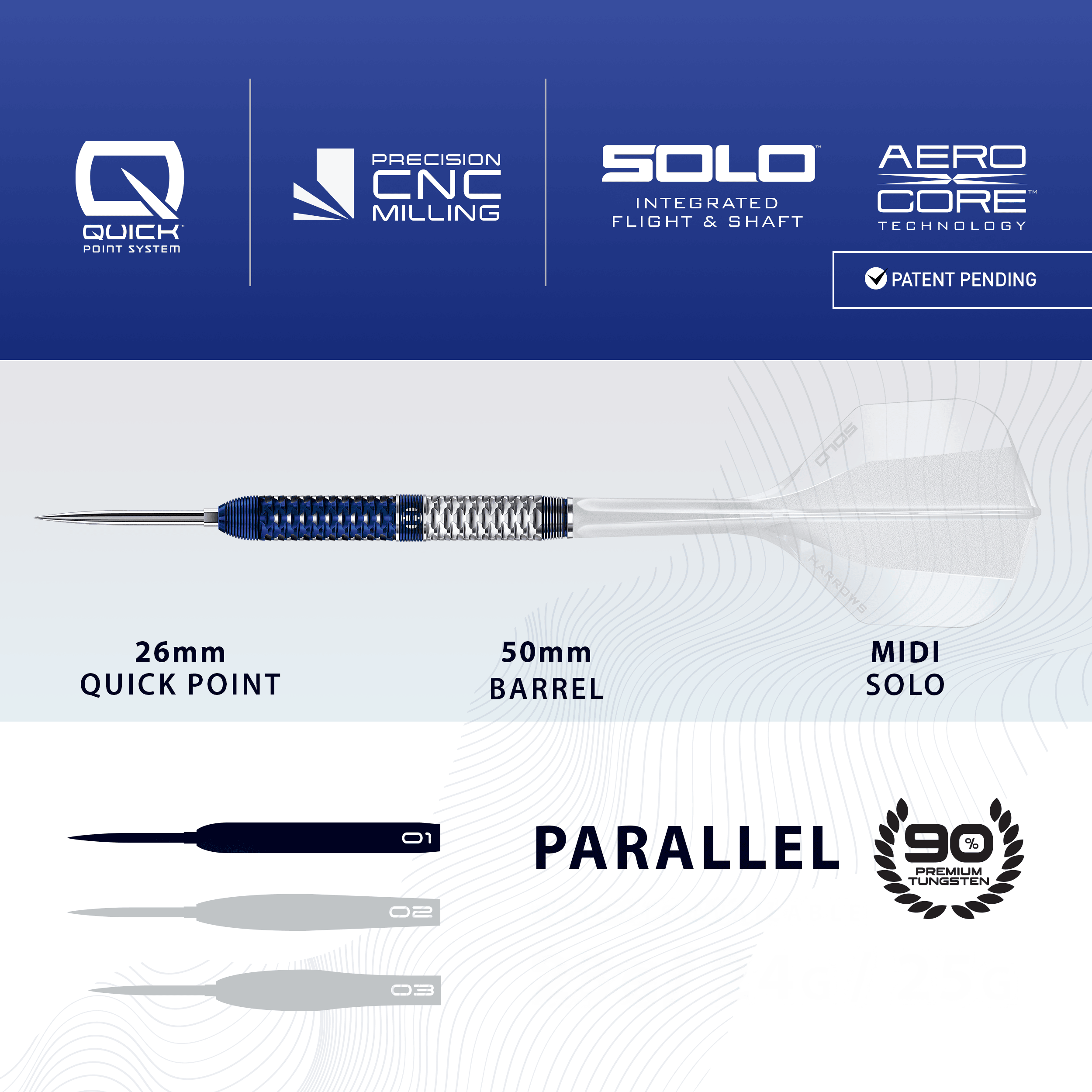 Harrows GEO Parallel Quick Point Steeldarts Das Bild zeigt Harrows GEO Parallel Quick Point Steeldarts. Der Pfeil und sein Aussehen werden präsentiert.