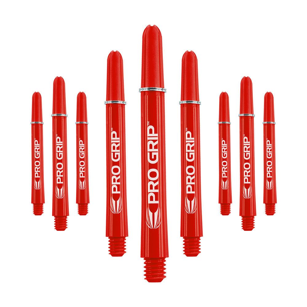 Das Bild zeigt neun rote Dartschäfte mit der Aufschrift "PRO GRIP". Sie sind in drei Gruppen zu je drei Schäften angeordnet.