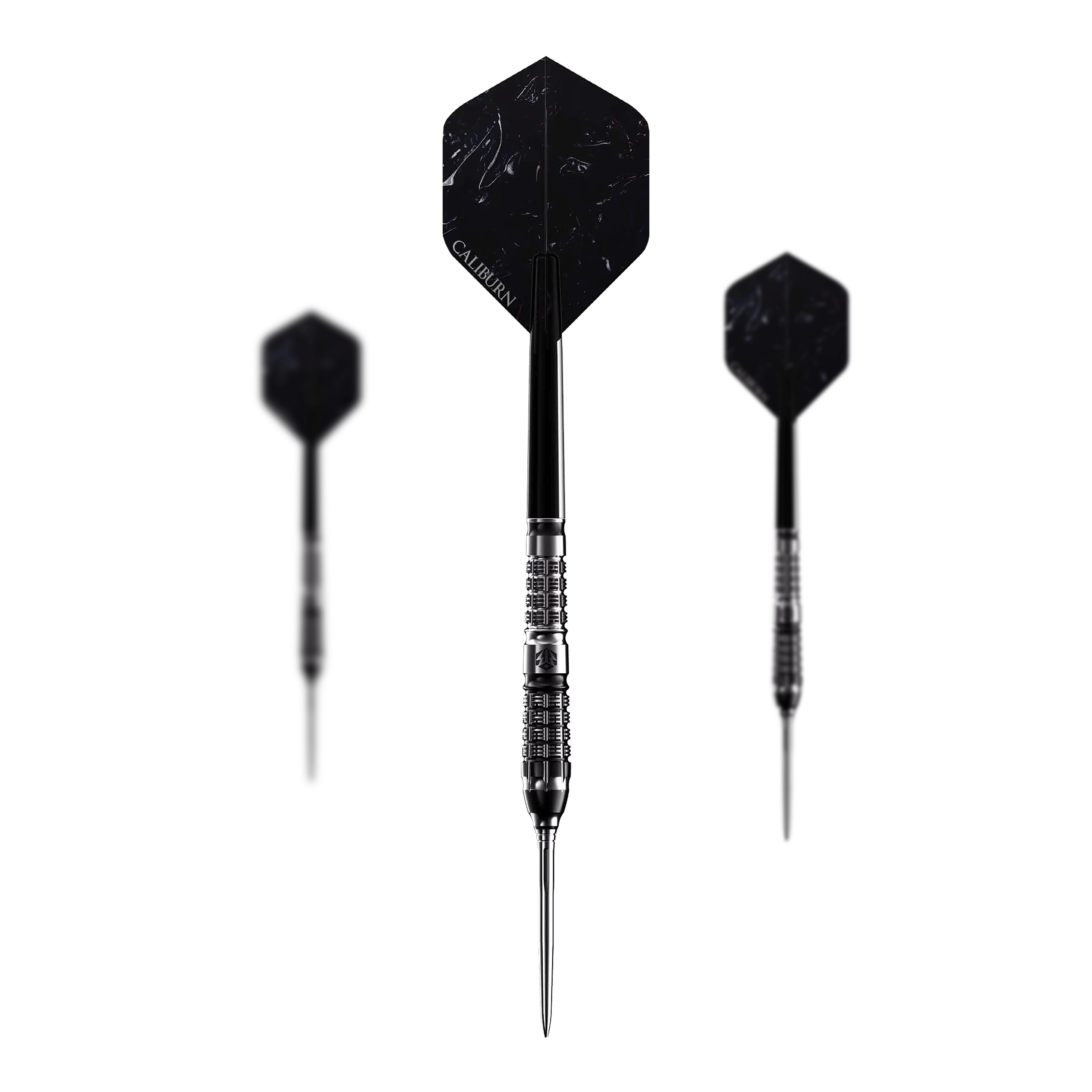 Das Bild zeigt drei schwarze Steeldarts des Modells „Caliburn Sword S5“ mit einem Gewicht von 23,5g. Die Darts haben ein elegantes, modernes Design und sind mit dem Schriftzug „Caliburn“ versehen.
