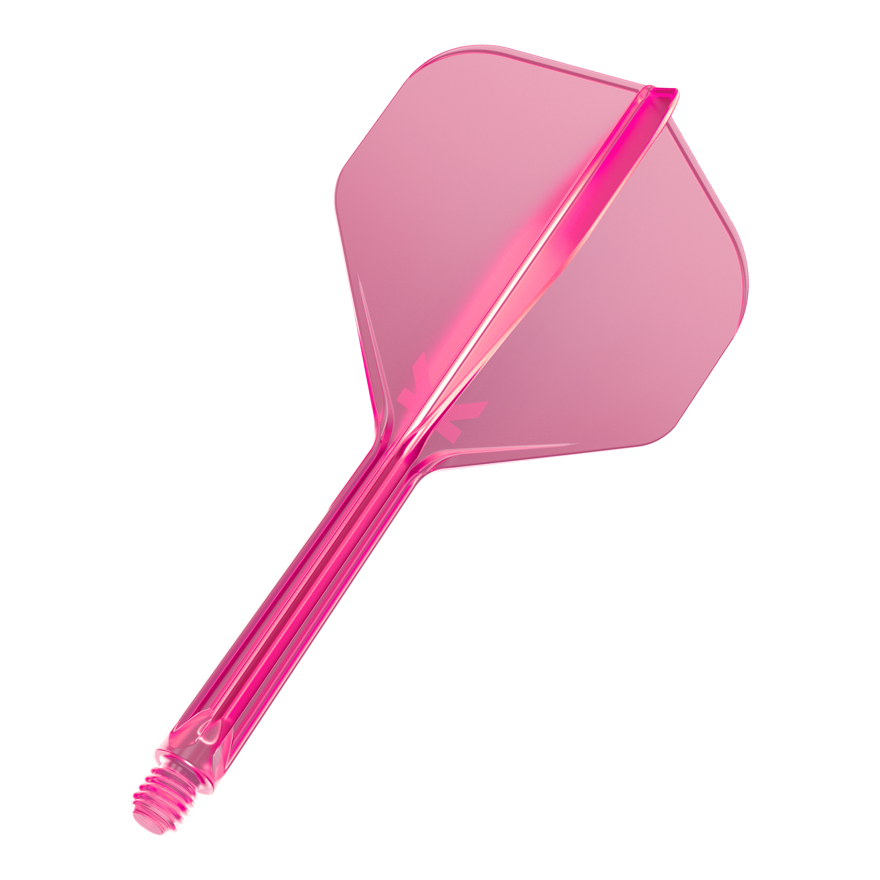 Das Bild zeigt eine pinke Dartflügel- und Schaftkombination. Sie besteht aus durchsichtigem Neonpink-Kunststoff.