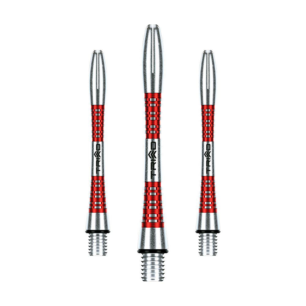 7013-402_Winmau_Triad_Aluminium_Shafts_Rot_41mm_1 Das Bild zeigt drei Winmau Triad Aluminium Shafts in der Farbe Rot. Die Shafts haben ein silber-rotes Design und sind für Dartpfeile geeignet.