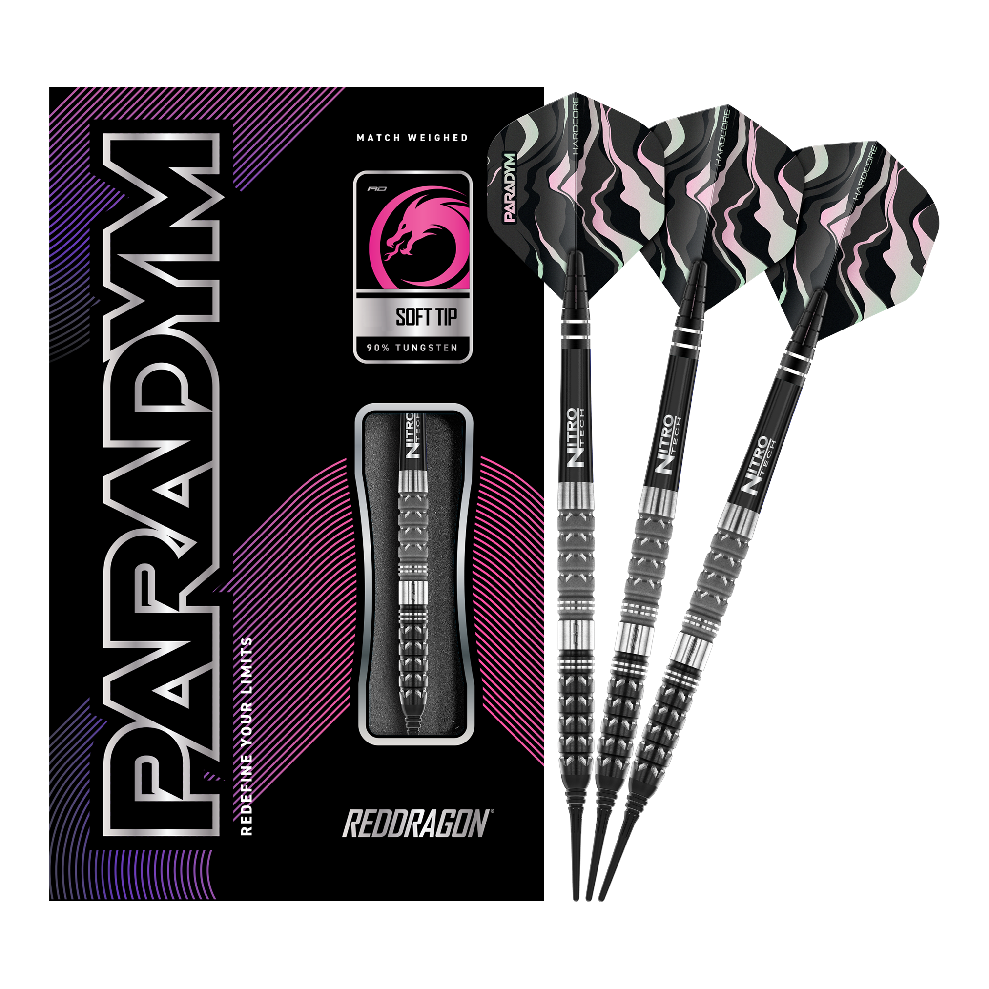 Red Dragon Paradym Tapered Softdarts - 20g Das Bild zeigt die Red Dragon Paradym Tapered Softdarts mit einem Gewicht von 20g. Rechts sind drei stilvolle Softdarts zu sehen, links befindet sich die dazugehörige Verpackung.