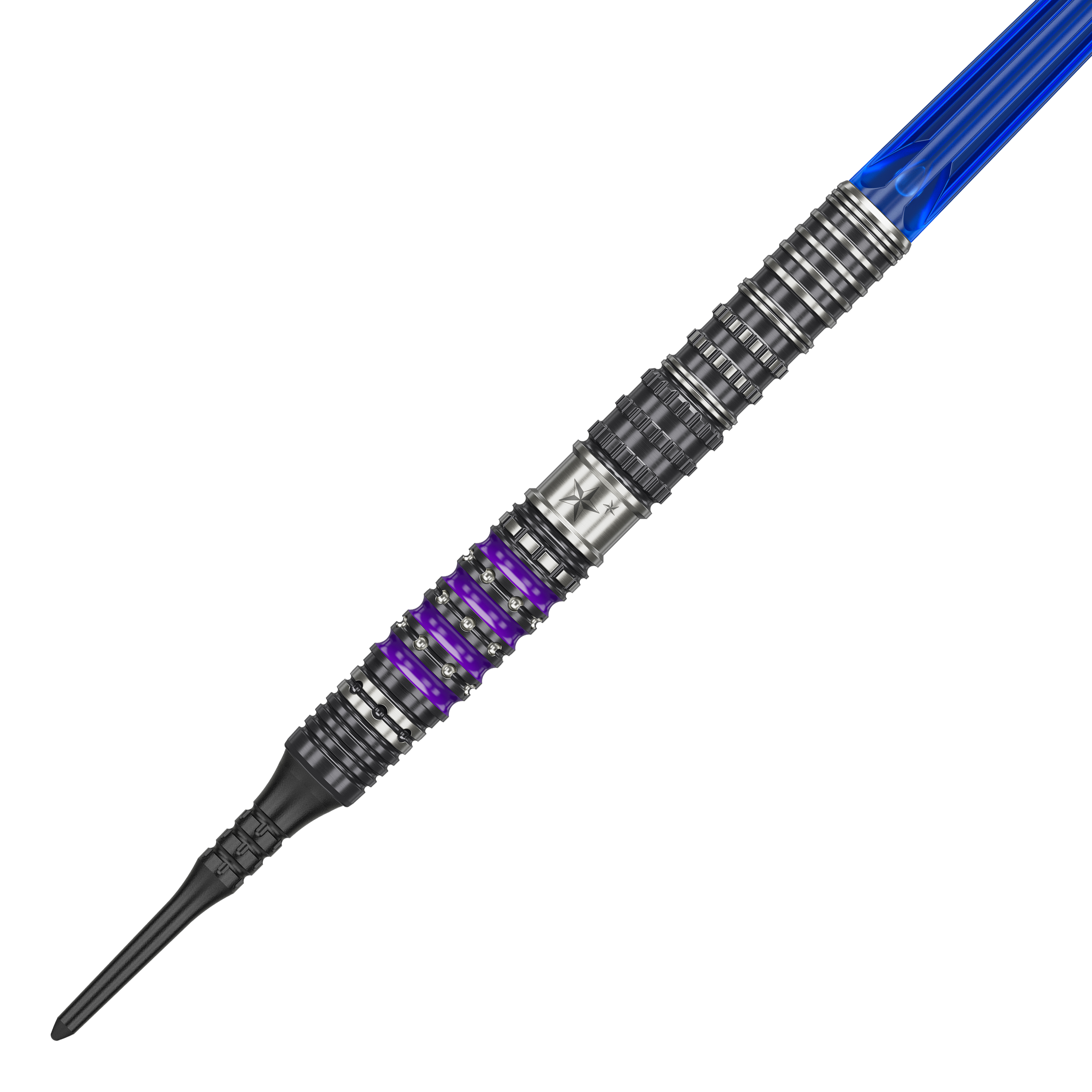 Target Japan Prime Series Sirius GEN4 Softdarts - 21,5g Dies ist der Target Japan Prime Series Sirius GEN4 Softdart mit einem Gewicht von 21,5g. Der Dart hat ein futuristisches Design mit silbernen, schwarzen und lila Akzenten sowie einem blauen Schaft.