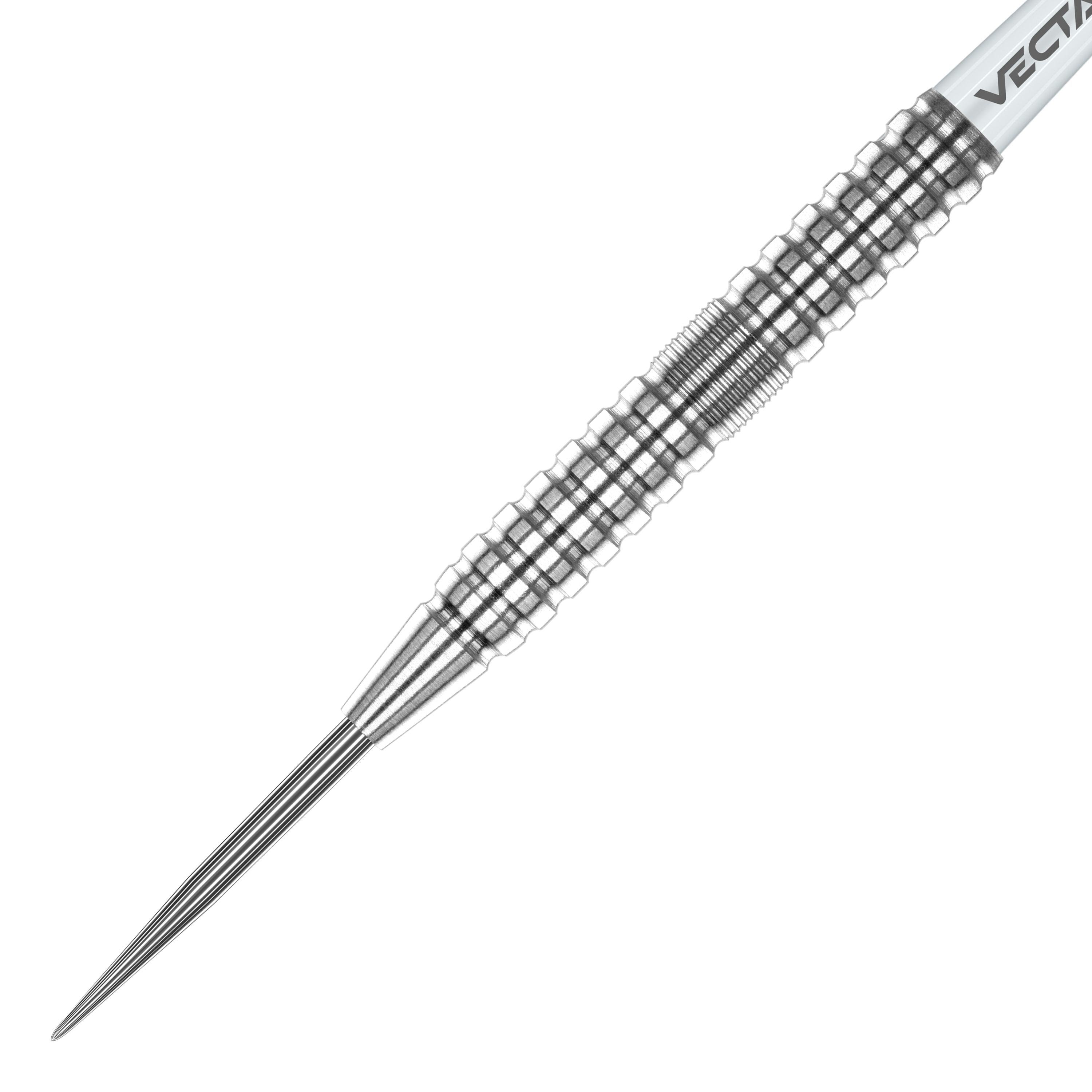 Winmau Willie OConnor Steeldarts - 23g Das Bild zeigt einen silbernen Winmau Willie OConnor Steeldart mit einem Gewicht von 23g. Der Dartpfeil hat eine strukturierte und geriffelte Oberfläche für besseren Halt.