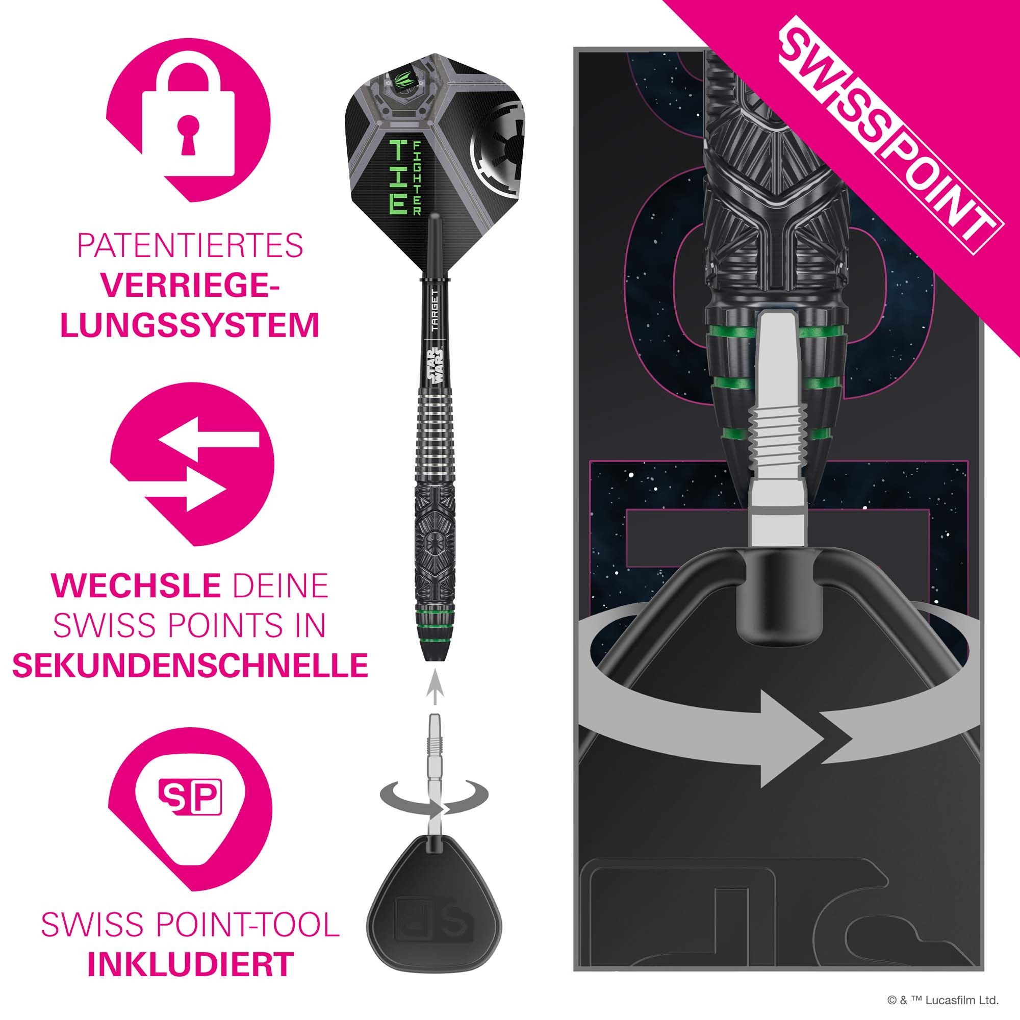 Target Star Wars Tie Fighter Swiss Point Steeldarts Target Star Wars Tie Fighter Swiss Point Steeldarts ist auf dem Bild zu sehen. Es handelt sich um Steeldarts, inspiriert von Star Wars.