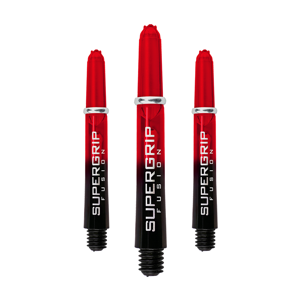 HR342_Harrows_Supergrip_Fusion_Shafts_Rot_33mm_1GBE24hOlpSNJO Das Bild zeigt drei Harrows Supergrip Fusion Shafts in der Farbe Rot. Die Schäfte sind schlank und verlaufen von rot zu schwarz mit weißem Schriftzug.