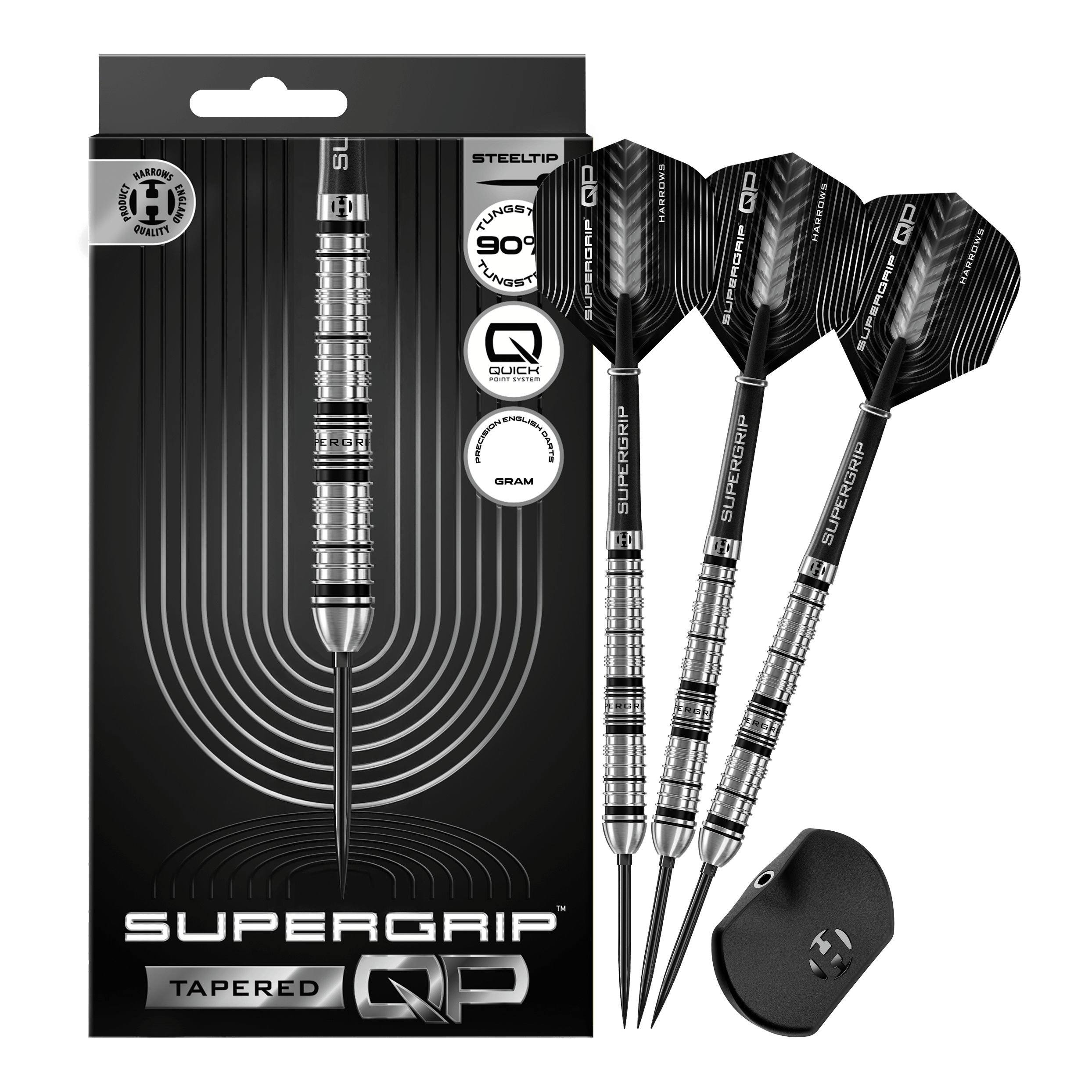 Harrows Supergrip Tapered Quick Point Steeldarts Abgebildet sind die Harrows Supergrip QP Tapered Quick Point Steeldarts. Es handelt sich um hochwertige Steeldarts für präzises Dartspiel.