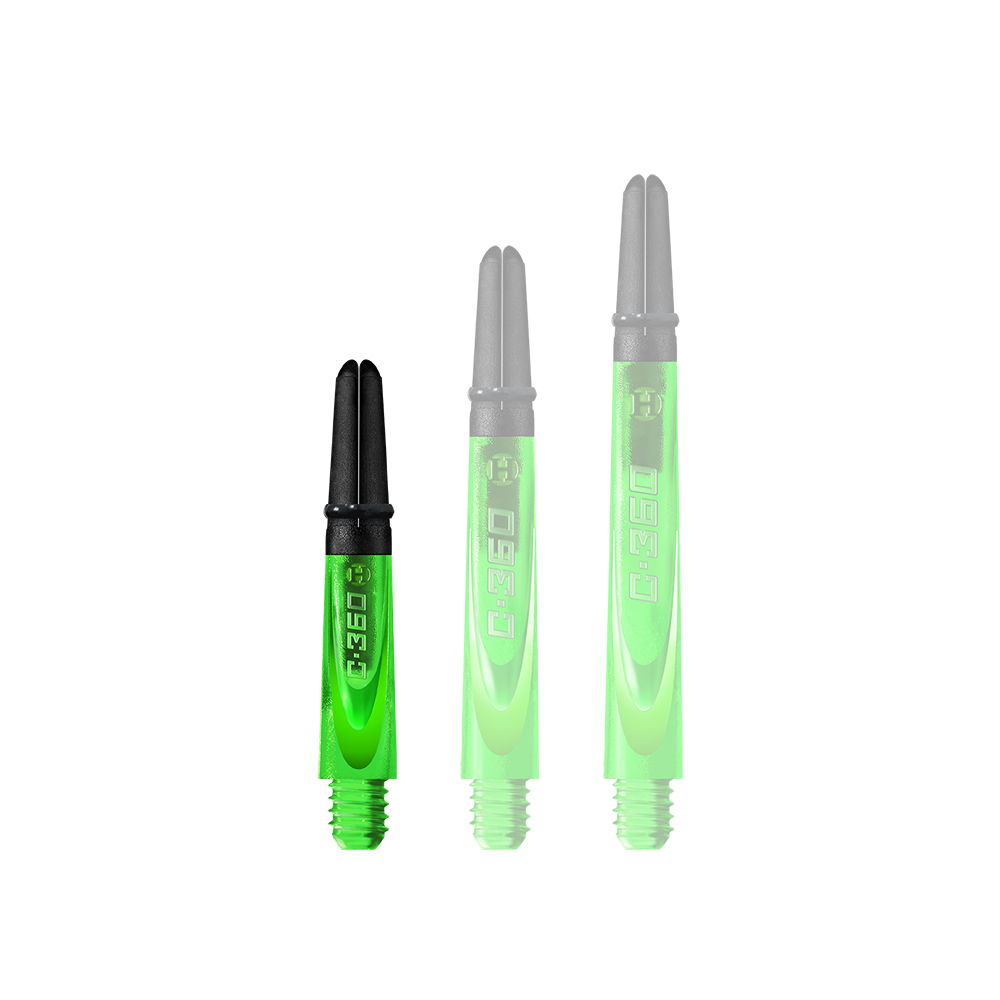 HR452_Harrows_Carbon_360_Shafts_Gr-n_35mm_1 Auf dem Bild sind drei grüne Dartschafts mit schwarzem oberen Ende zu sehen. Die Schäfte sind unterschiedlich lang und haben die Aufschrift „C-360“.