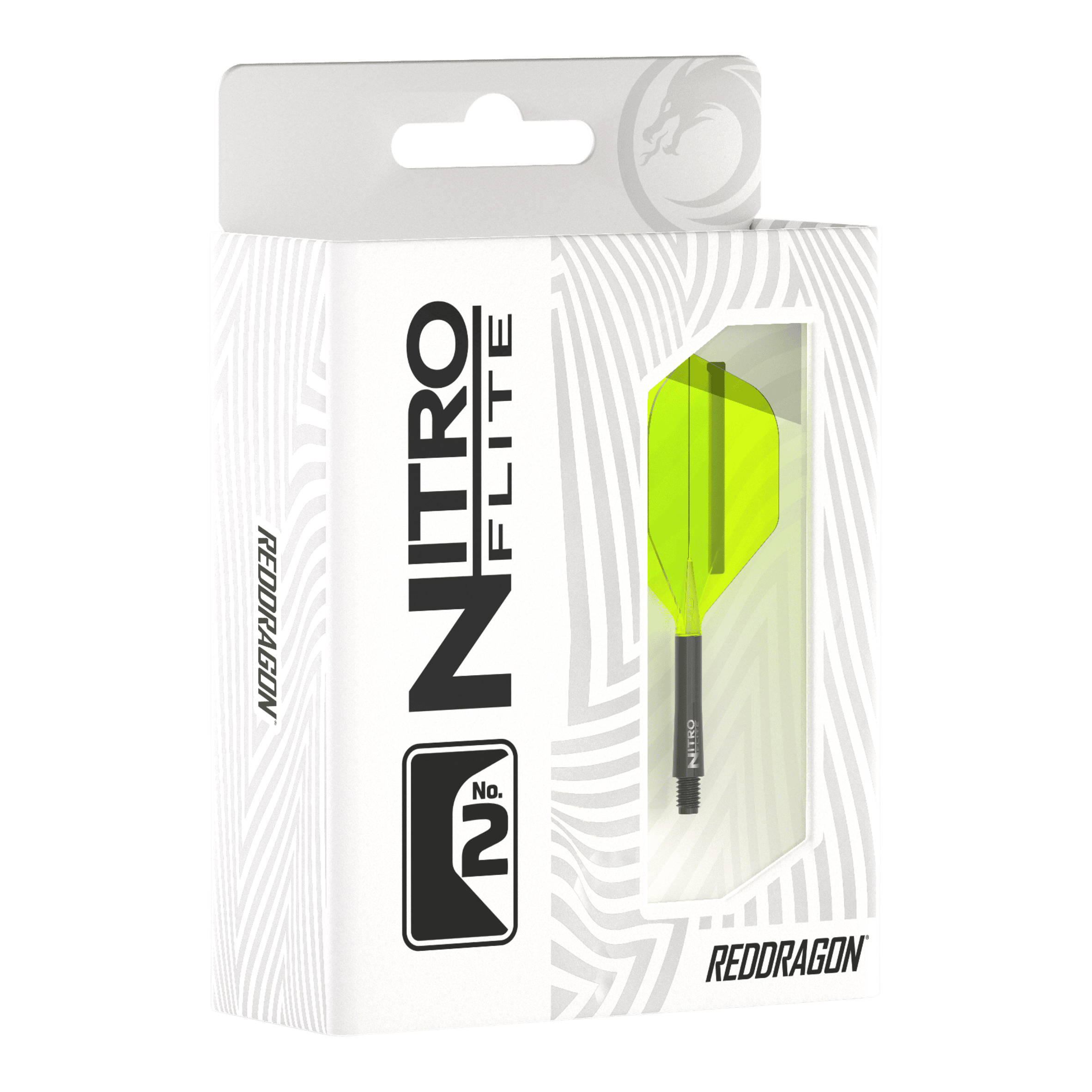 Red Dragon Nitroflite - Black Shaft Yellow No2 Flights Die Abbildung zeigt die Verpackung des Produkts "Red Dragon Nitroflite - Black Shaft Yellow No2 Flights". In der Packung ist ein Dartflight mit gelben Flügeln und schwarzem Schaft zu sehen.