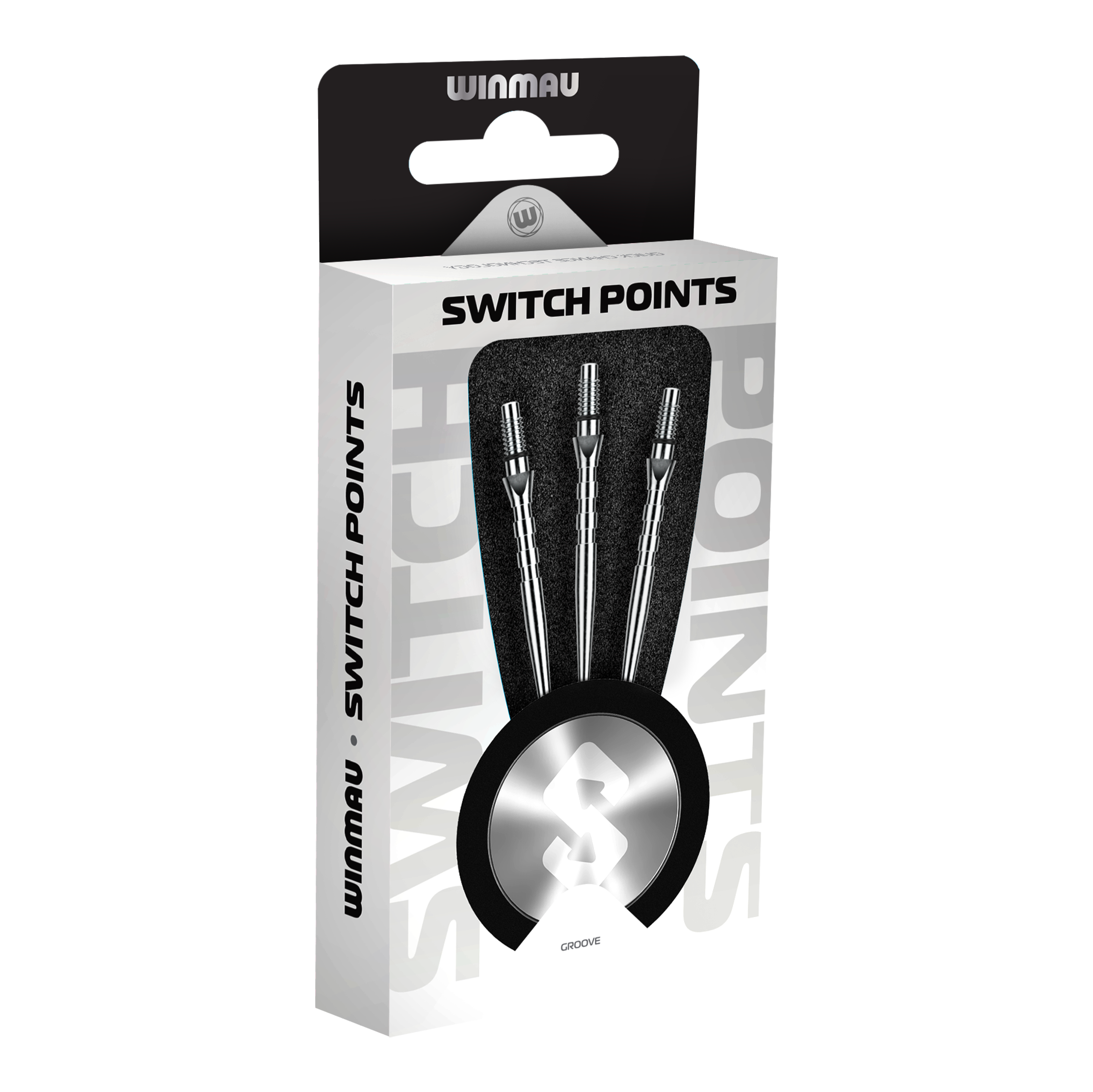 Winmau Switch Point Groove Steeldartspitzen - Silver Effect Das Bild zeigt Winmau Switch Point Groove Steeldartspitzen im Silver Effect. Die Dartspitzen besitzen Rillen und eine silberne Oberfläche.
