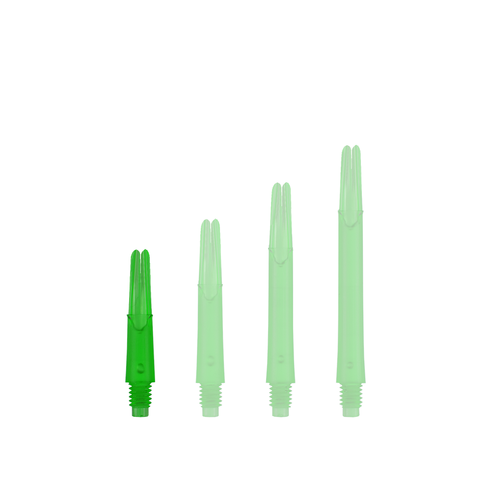 Auf dem Bild sind vier grüne, gerade Dartschäfte in unterschiedlichen Längen zu sehen. Sie stehen nebeneinander und haben eine transparente Optik.