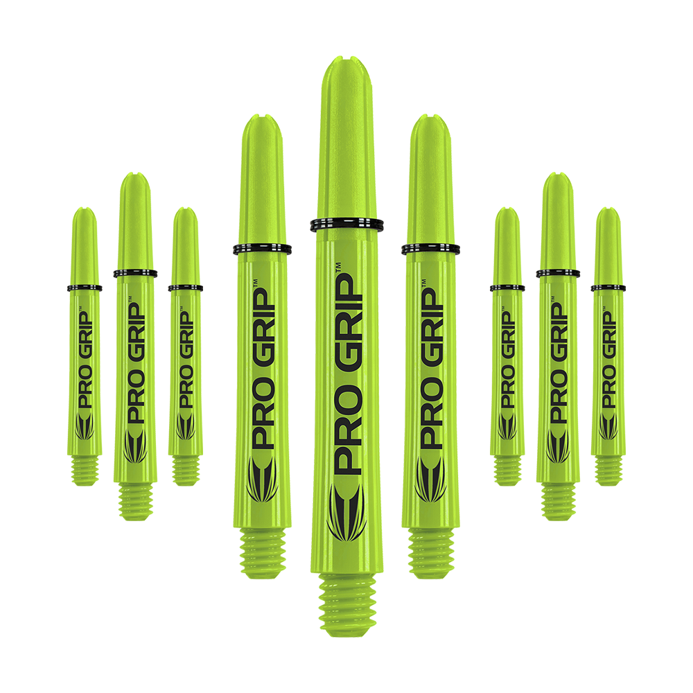 Auf dem Bild sind neun limegrüne Dart-Schäfte mit der Aufschrift "PRO GRIP" zu sehen. Sie stehen aufrecht und sind gleichmäßig angeordnet.