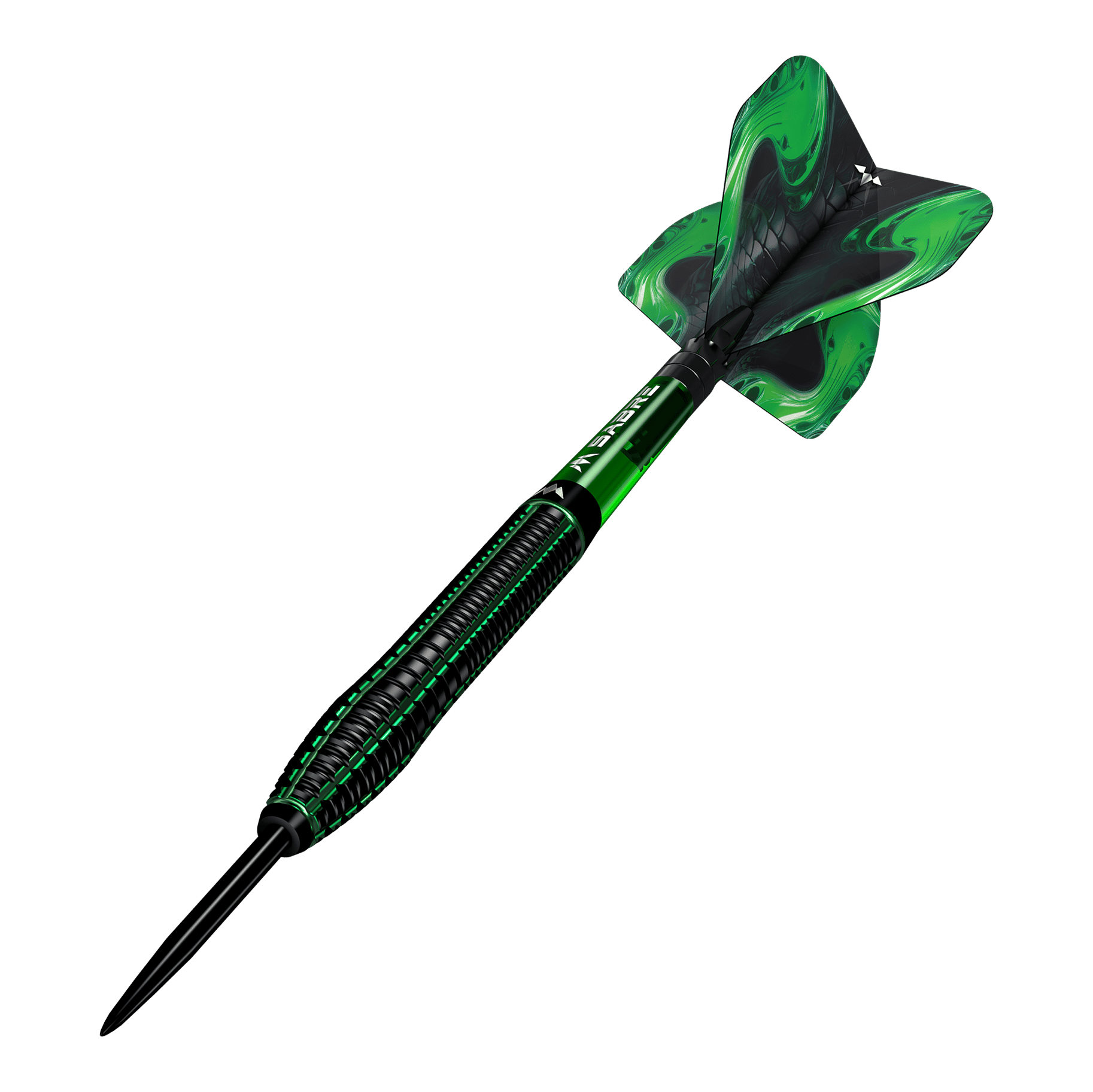 Mission Venom Steeldarts Das Bild zeigt einen Mission Venom Steeldart mit schwarzem und grünem Design. Die Flights sind ebenfalls grün mit einem geschwungenen Muster.