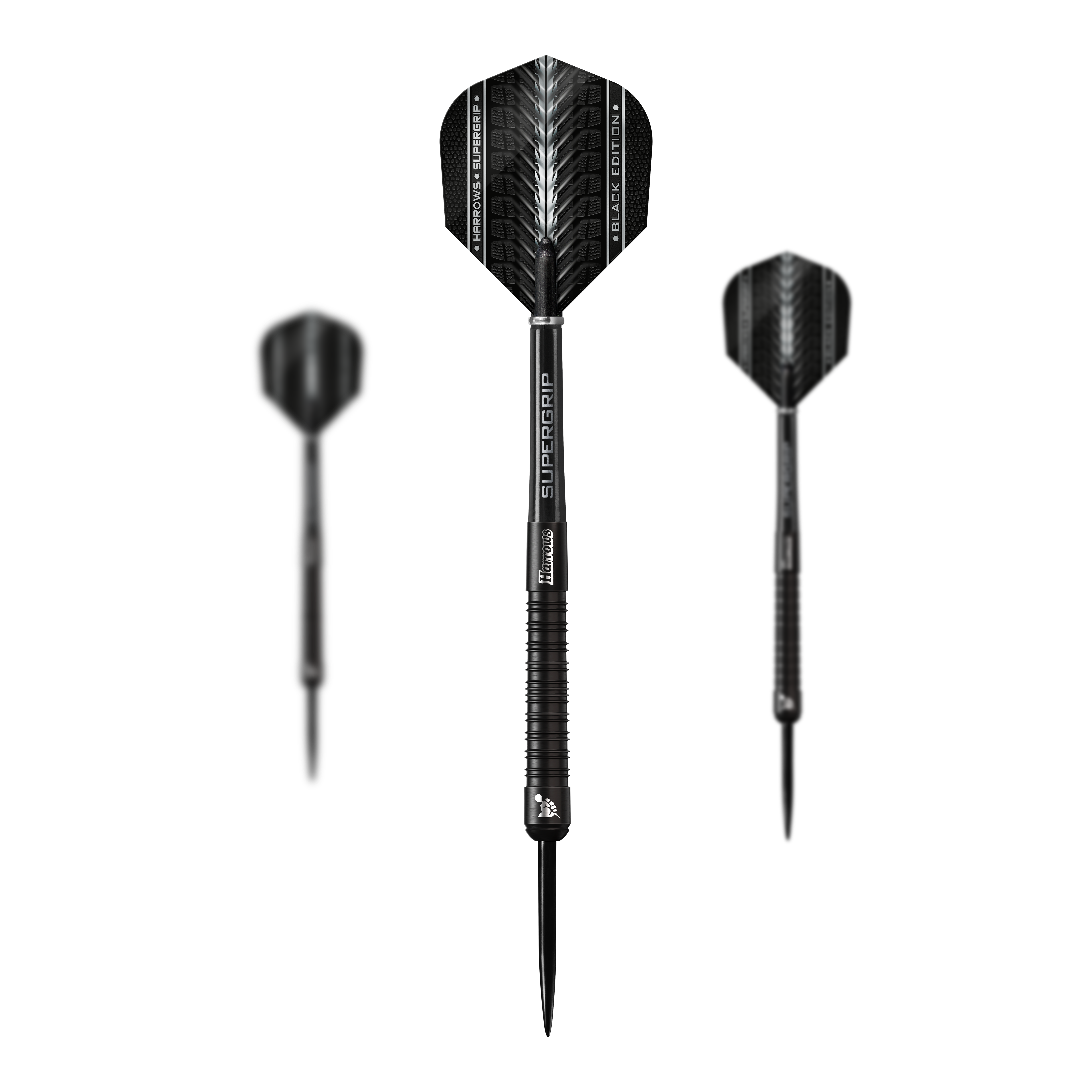 Harrows Supergrip Black-Edition Steeldarts Das Bild zeigt drei schwarze Steeldarts der Marke Harrows Supergrip Black-Edition. Die Darts haben ein elegantes Design mit silbernen und schwarzen Akzenten.