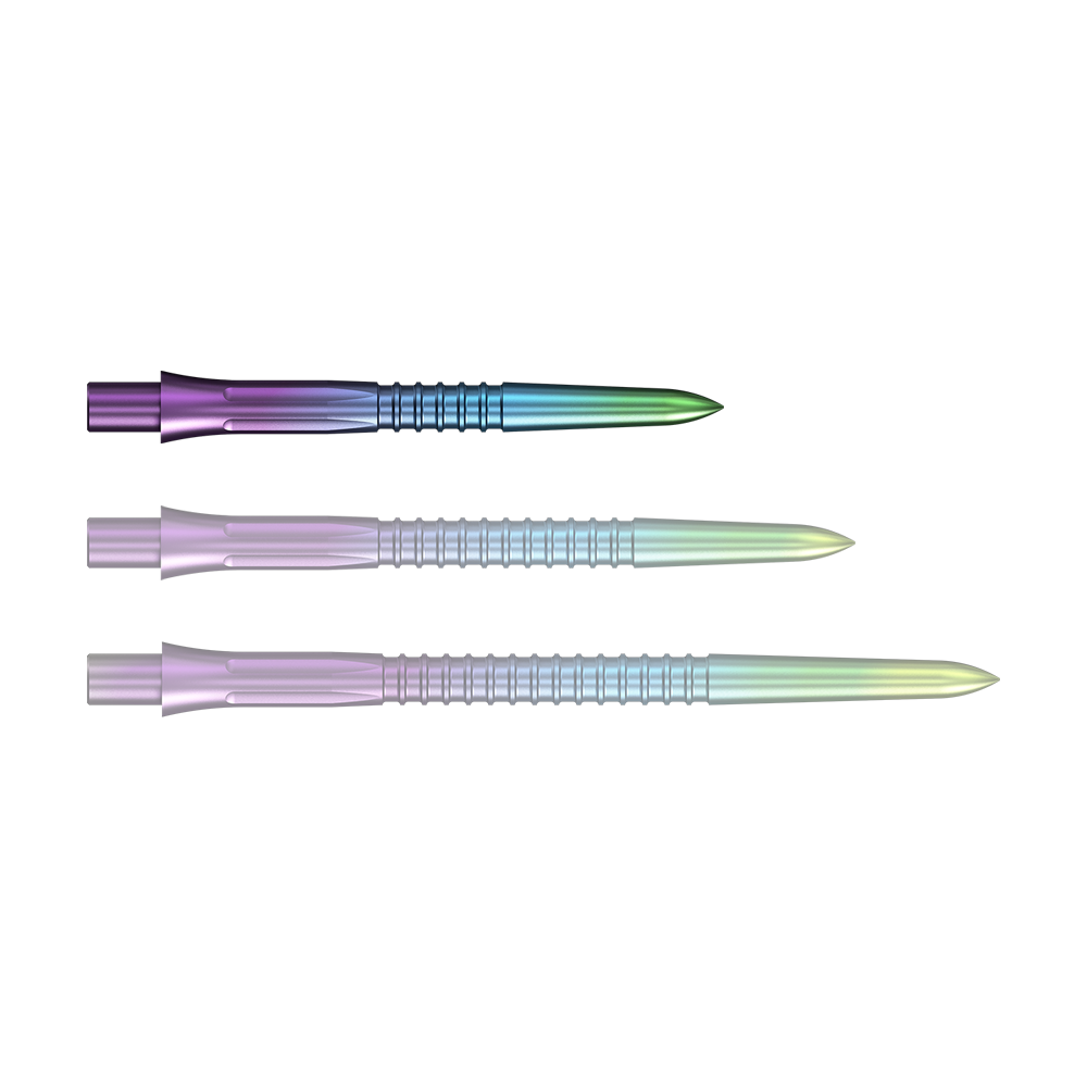 Mission Caliburn EVO Dartspitzen GV1 - Rainbow Gezeigt wird eine einzelne Steeldartspitze mit Rainbow-Effekt. Die Oberfläche schimmert in verschiedenen Farbtönen.