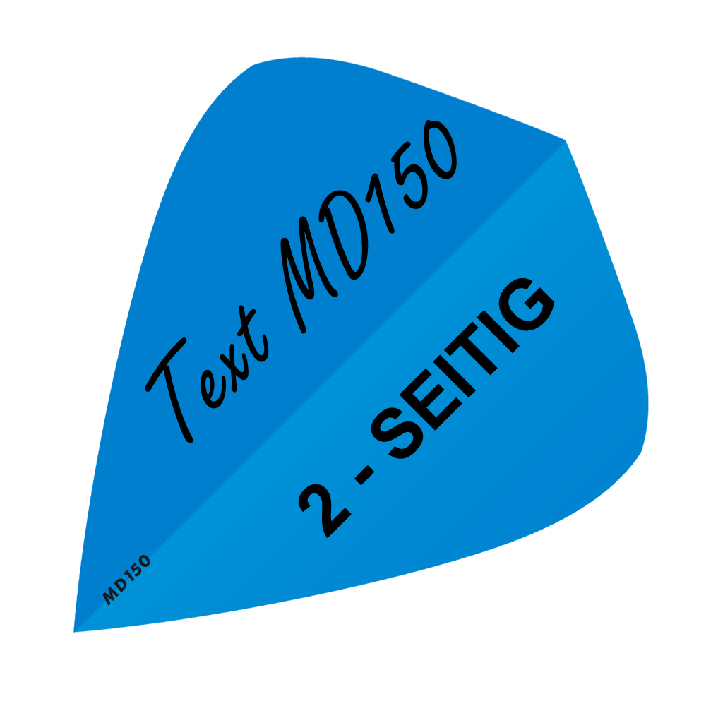 MD-306_2-Seitig_Bedruckte_Flights_Wunschtext_MD150_Blau_Kite_1 Das Bild zeigt ein blaues Quadrat mit schwarzem Text darauf. In der Mitte steht „Text MD150“ und „2-SEITIG“.