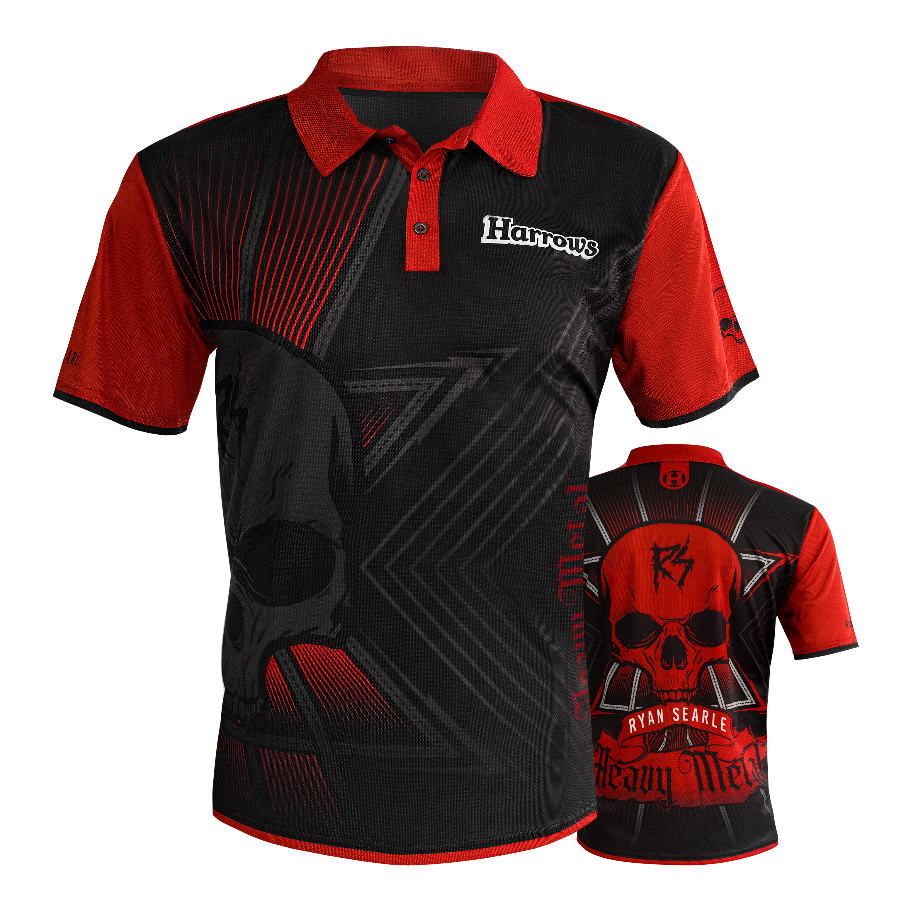 Harrows Ryan Searle Heavy Metal Dartshirt Das Bild zeigt das "Harrows Ryan Searle Heavy Metal Dartshirt" in Schwarz und Rot mit auffälligem Totenkopf-Design. Auf der Vorderseite steht "Harrows" und auf der Rückseite sind die Schriftzüge "Ryan Searle" und "Heavy Metal" zu sehen.